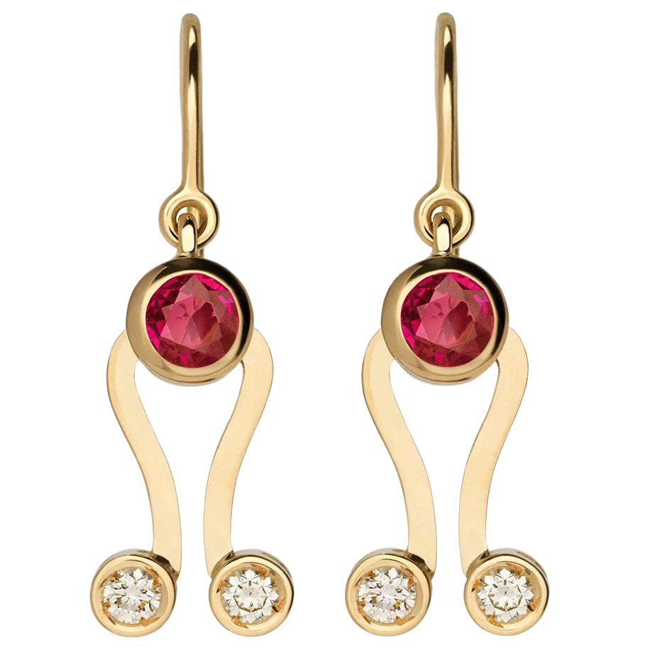 Nathalie Jean - Boucles d'oreilles pendantes en or contemporain avec tourmaline et diamant de 0,2 carat