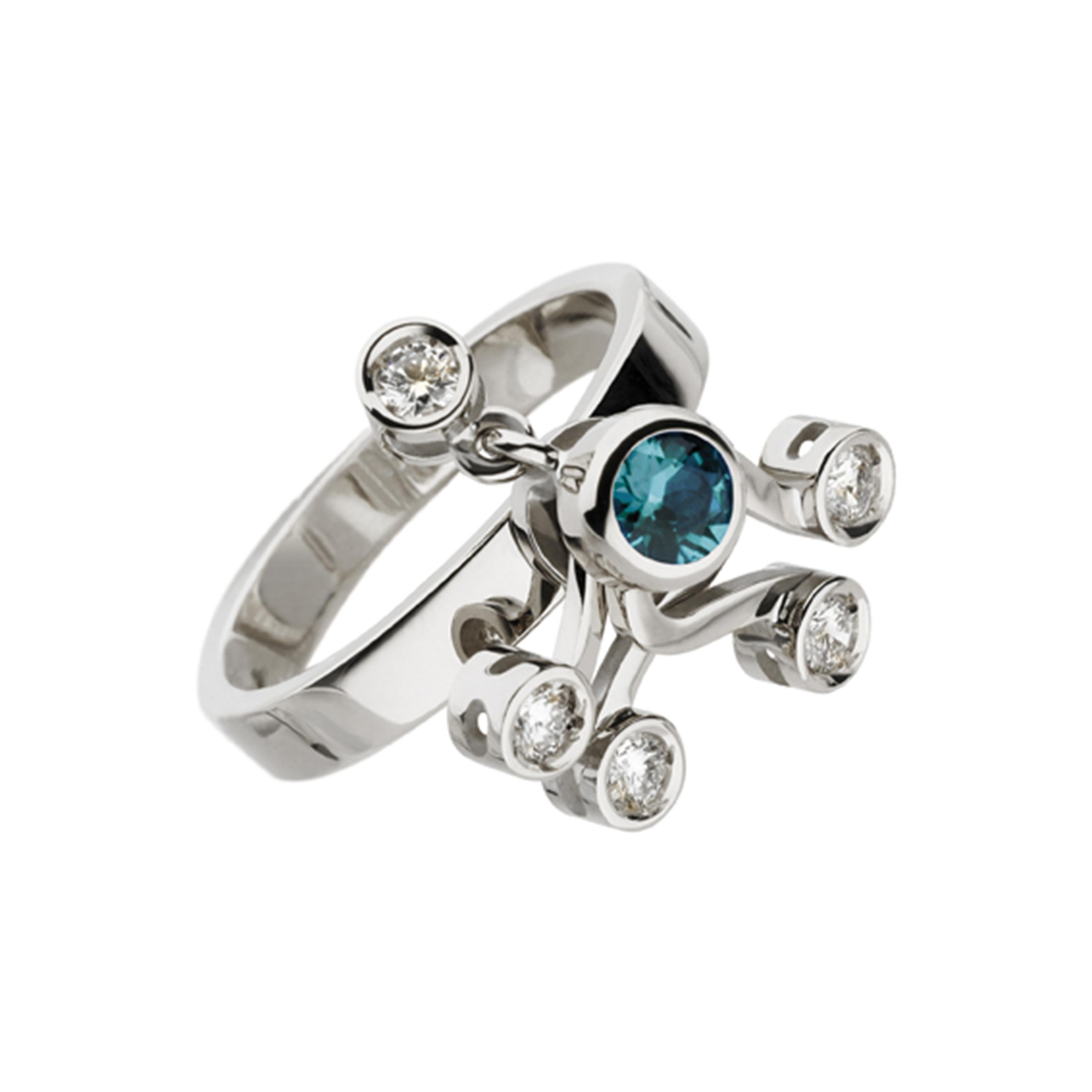 Contemporary Nathalie Jean 0.35 Carat Diamond Emerald Tourmaline Pearl Gold Cocktail Ring For Sale
