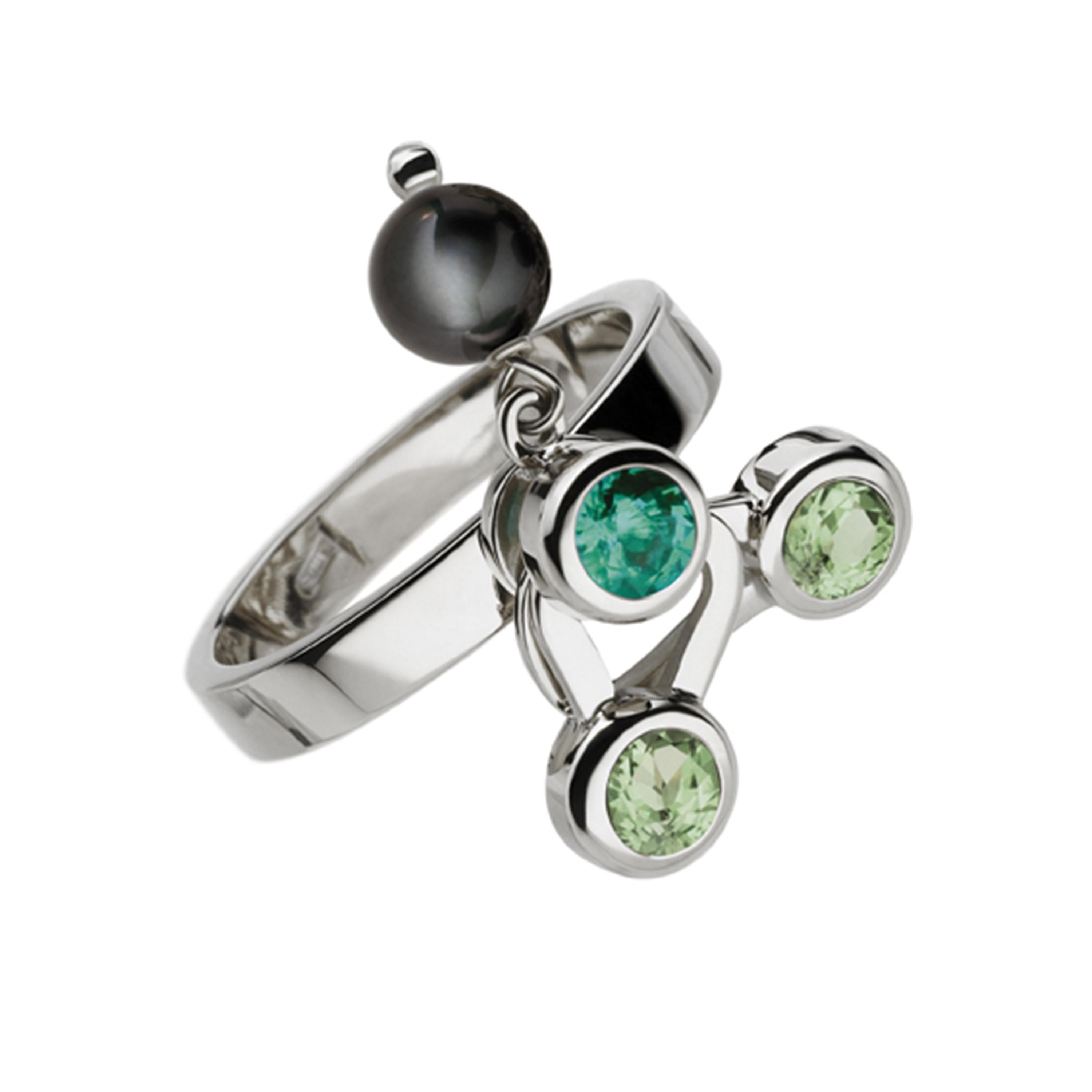 Round Cut Nathalie Jean 0.35 Carat Diamond Emerald Tourmaline Pearl Gold Cocktail Ring For Sale