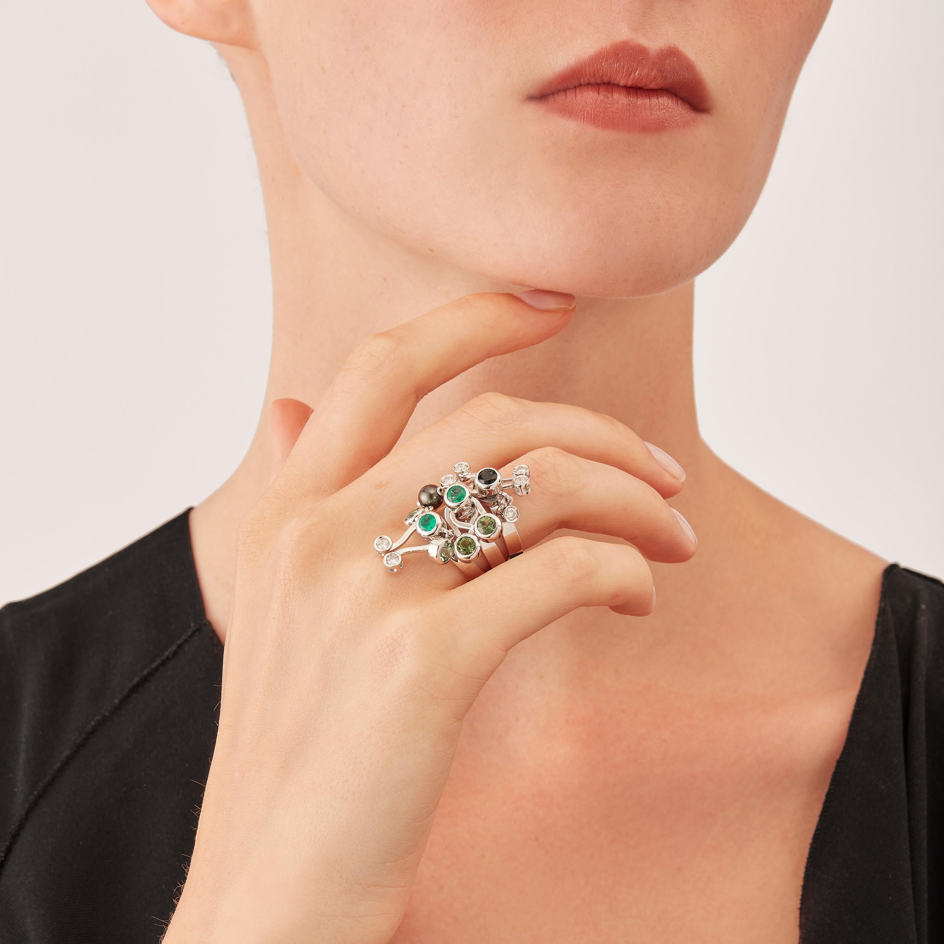 Women's or Men's Nathalie Jean 0.35 Carat Diamond Emerald Tourmaline Pearl Gold Cocktail Ring For Sale