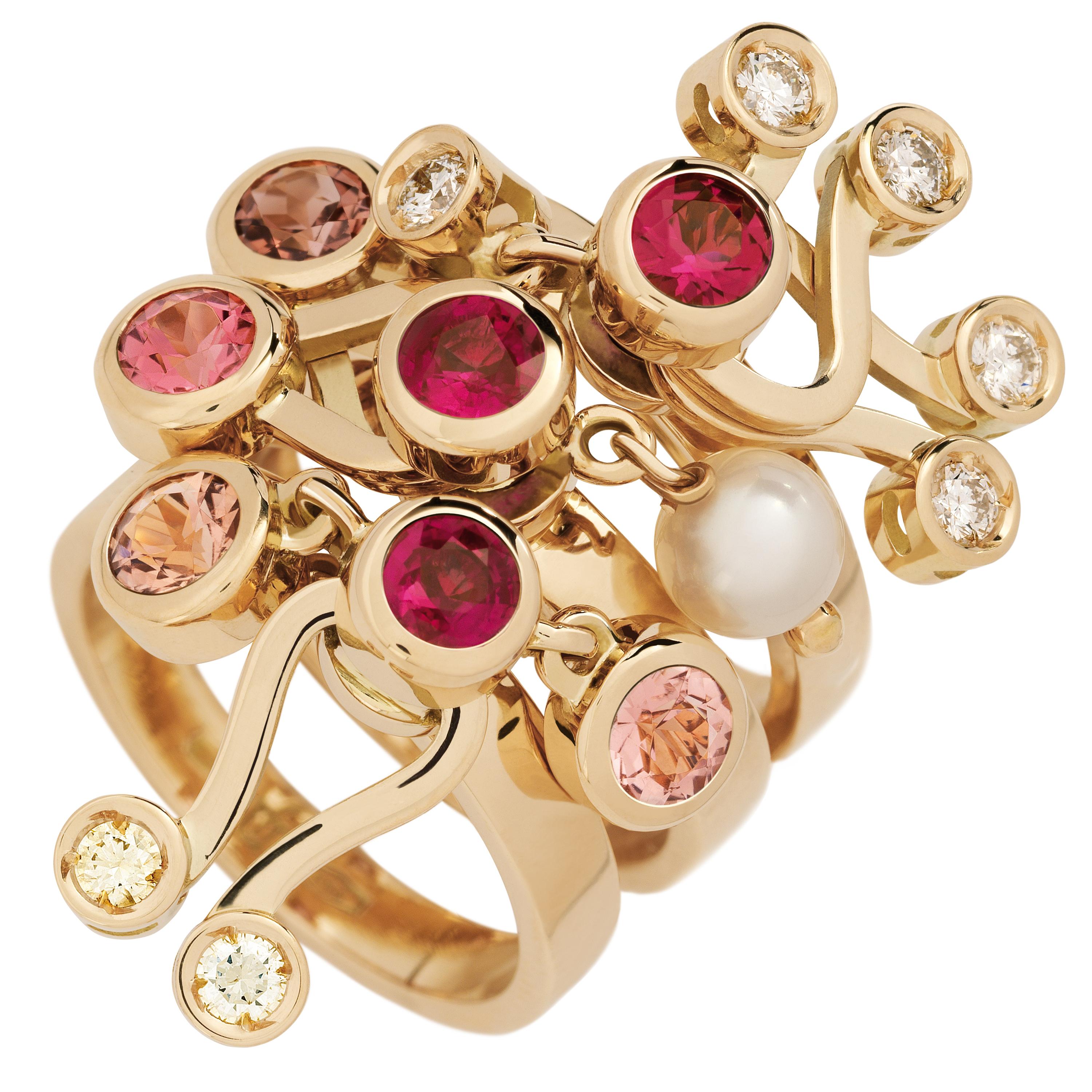 Contemporary Nathalie Jean Diamond Ruby Tourmaline Pearl Gold Colourful Cocktail Ring