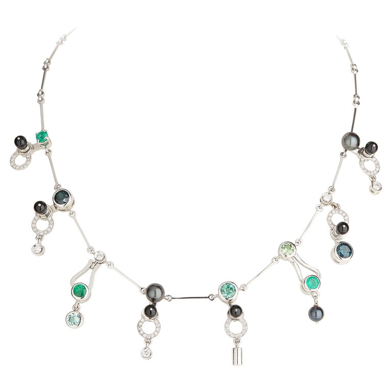 Nathalie Jean 0.58 Carat Diamond Emerald Tourmaline Pearl Onyx Gold  Necklace For Sale at 1stDibs