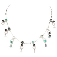 Nathalie Jean 0.58 Carat Diamond Emerald Tourmaline Pearl Onyx Gold Necklace