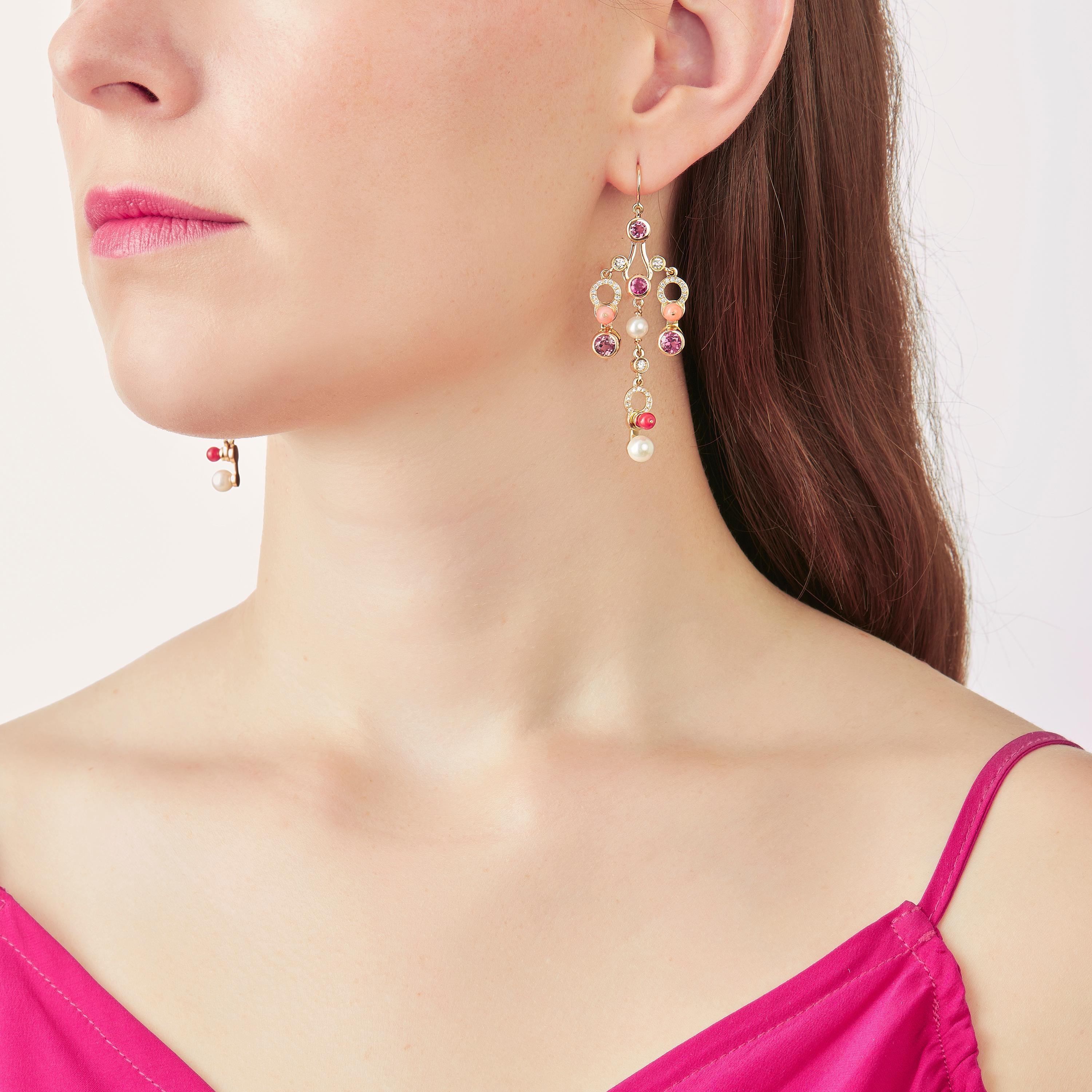 Round Cut Nathalie Jean Diamond Ruby Tourmaline Pearl Carnelian Gold Chandelier Earrings For Sale