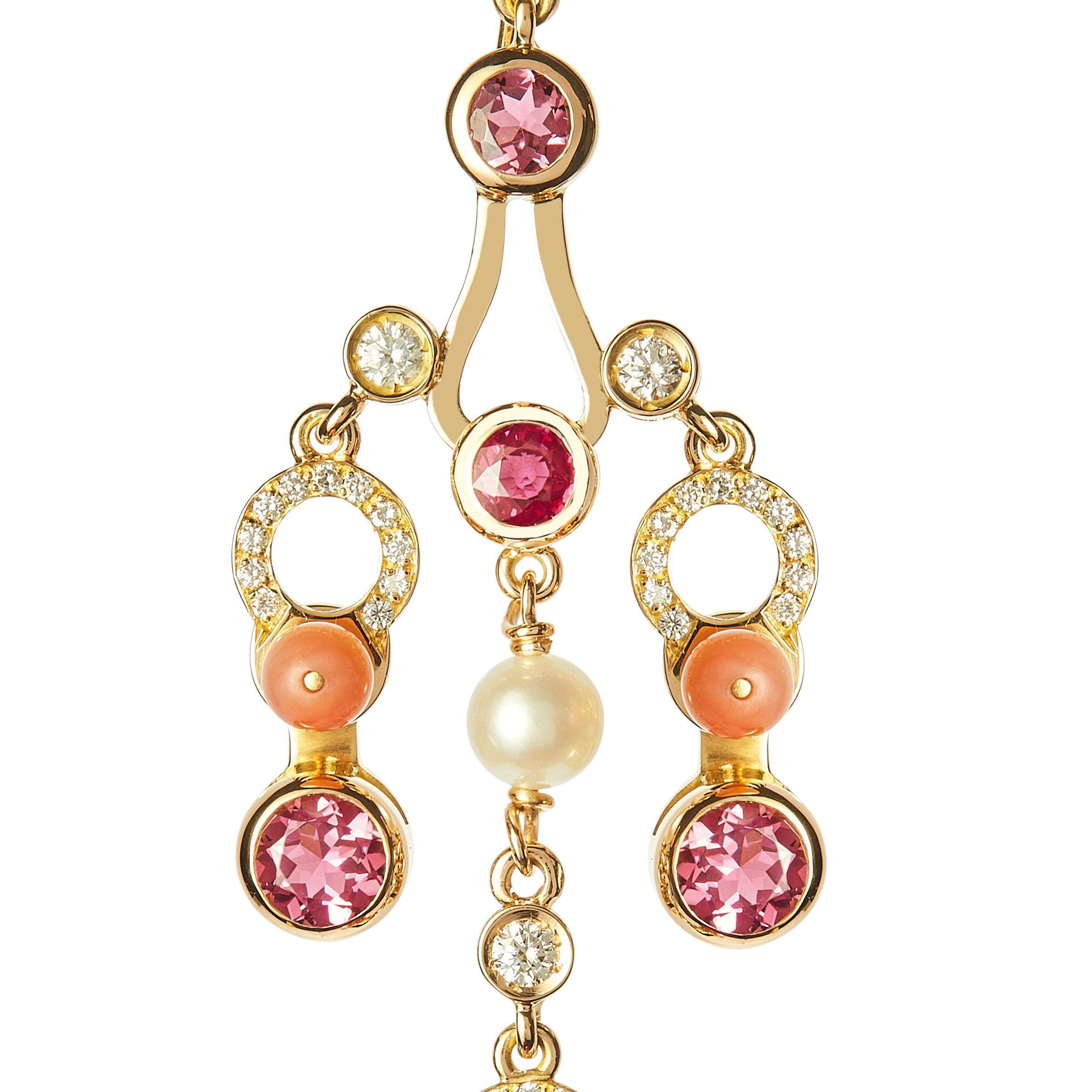 Women's or Men's Nathalie Jean Diamond Ruby Tourmaline Pearl Carnelian Gold Chandelier Earrings For Sale
