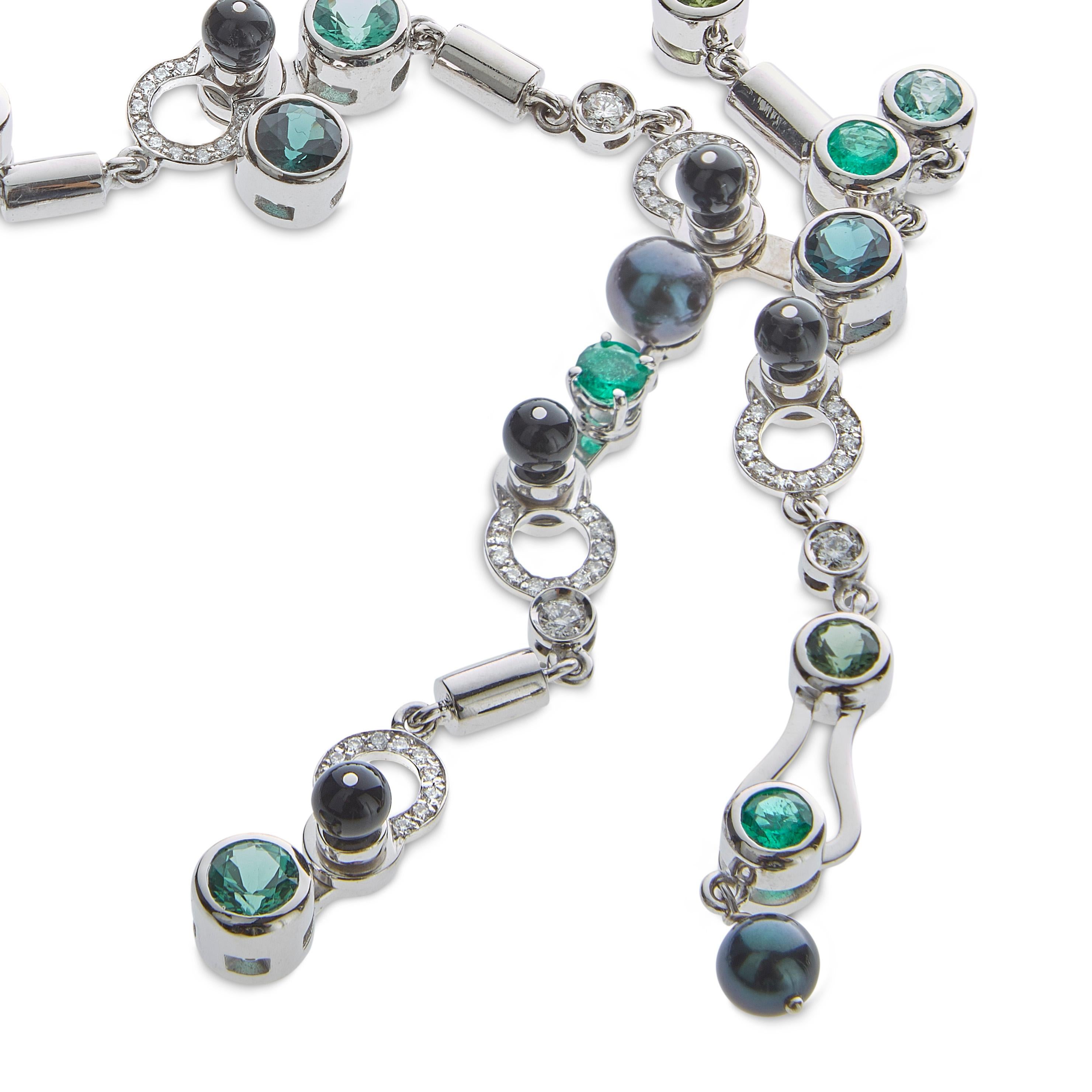 Contemporary Nathalie Jean 0.79 Carat Diamond Emerald Tourmaline Pearl Onyx Gold Necklace For Sale