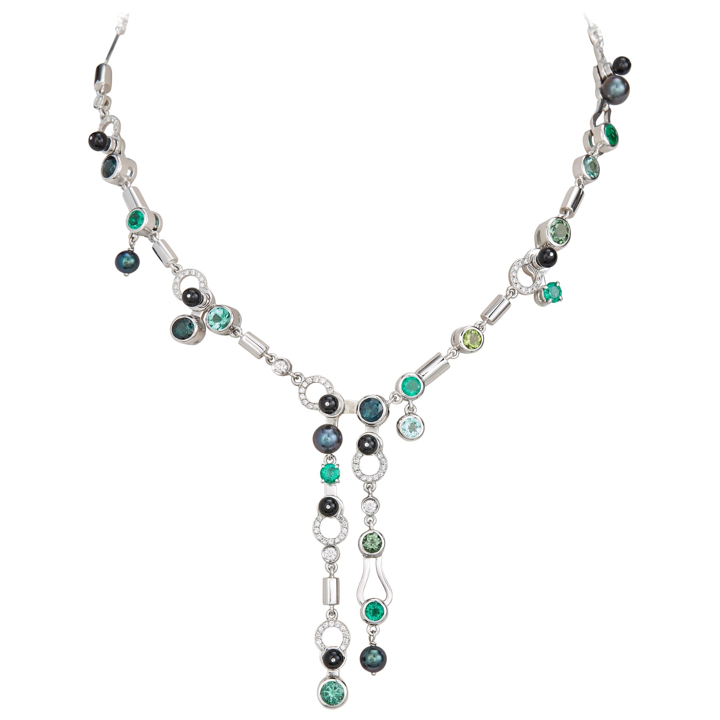Nathalie Jean 0,79 Karat Diamant Smaragd Turmalin Perle Onyx Gold Halskette