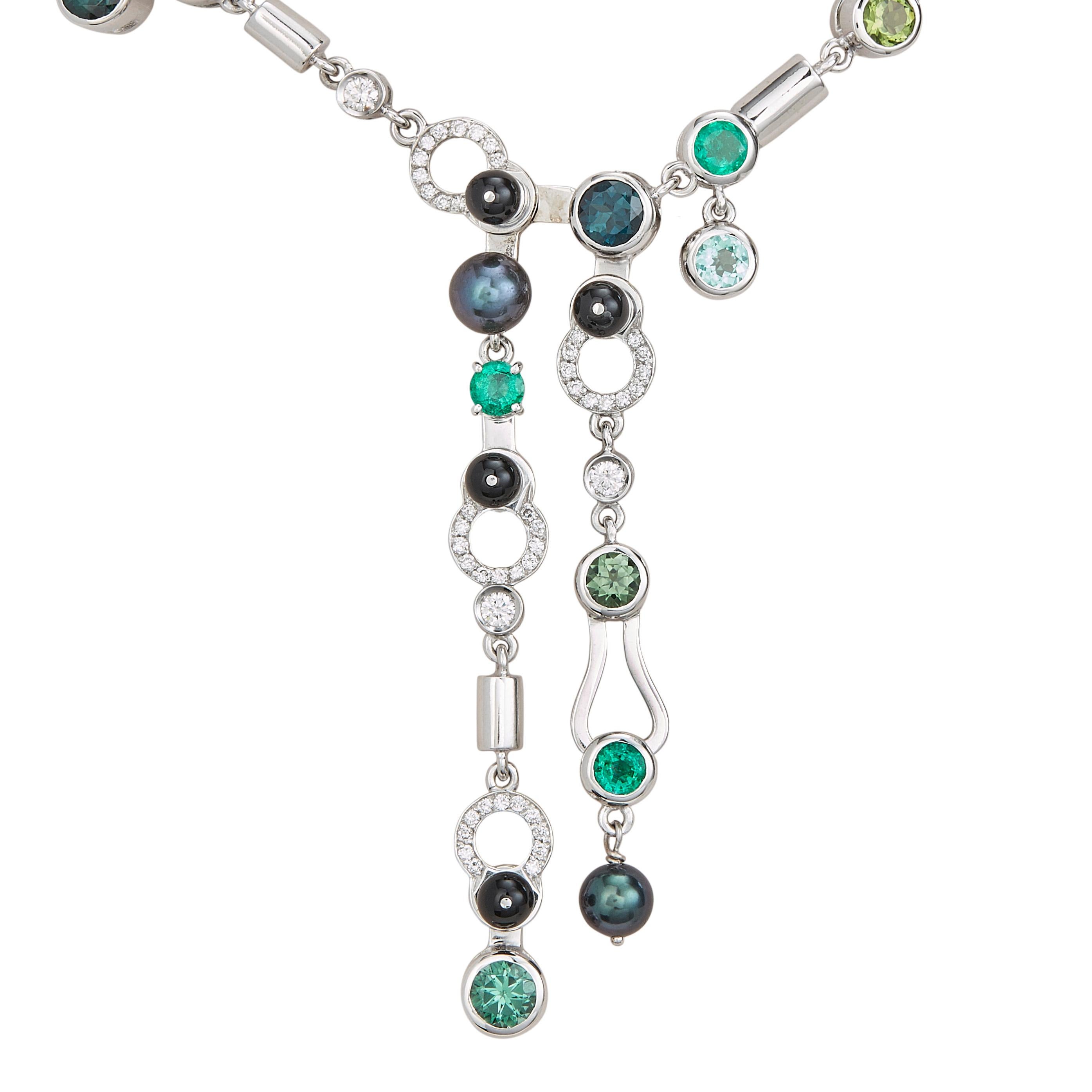 Contemporaneo Nathalie Jean 0.79 Ct Diamante Smeraldo Tormalina Perla Onice Collana in oro a goccia in vendita