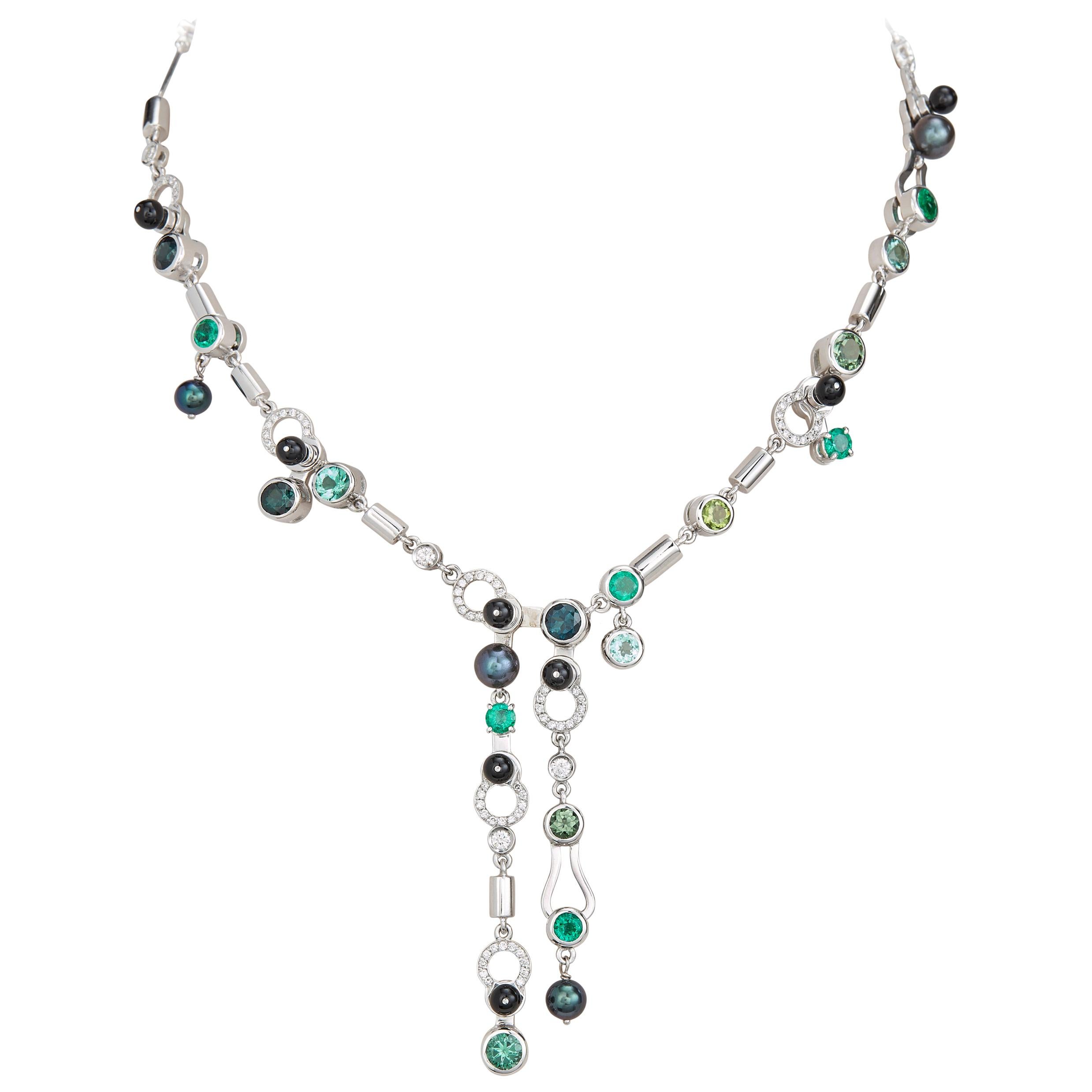 Nathalie Jean 0,79 Karat Diamant Smaragd Turmalin Perle Onyx Gold Tropfen-Halskette