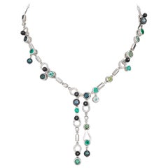 Nathalie Jean 0.79 Ct Diamond Emerald Tourmaline Pearl Onyx Gold Drop Necklace