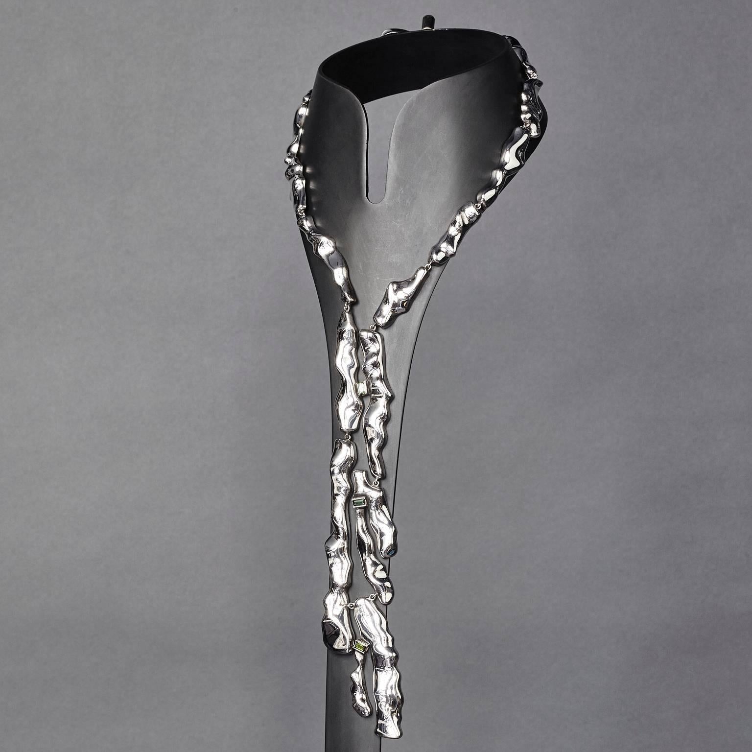 Nathalie Jean Baguette Tourmaline Rhodium Plated Sterling Silver Drop Necklace Corte baguette en venta
