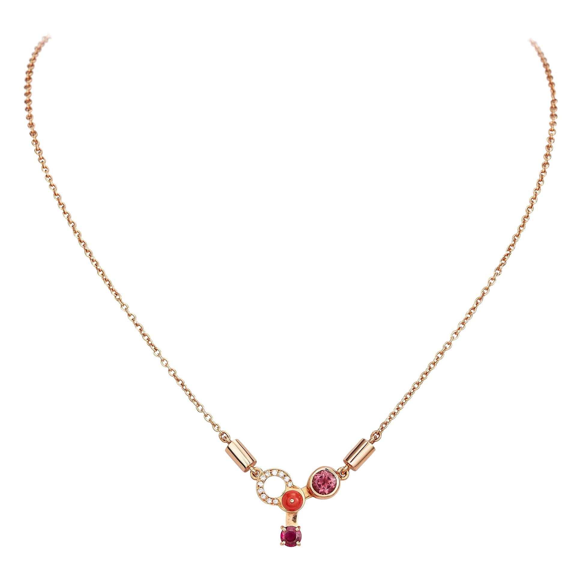 Nathalie Jean Colorful Diamond Ruby Tourmaline Carnelian Gold Pendant Necklace