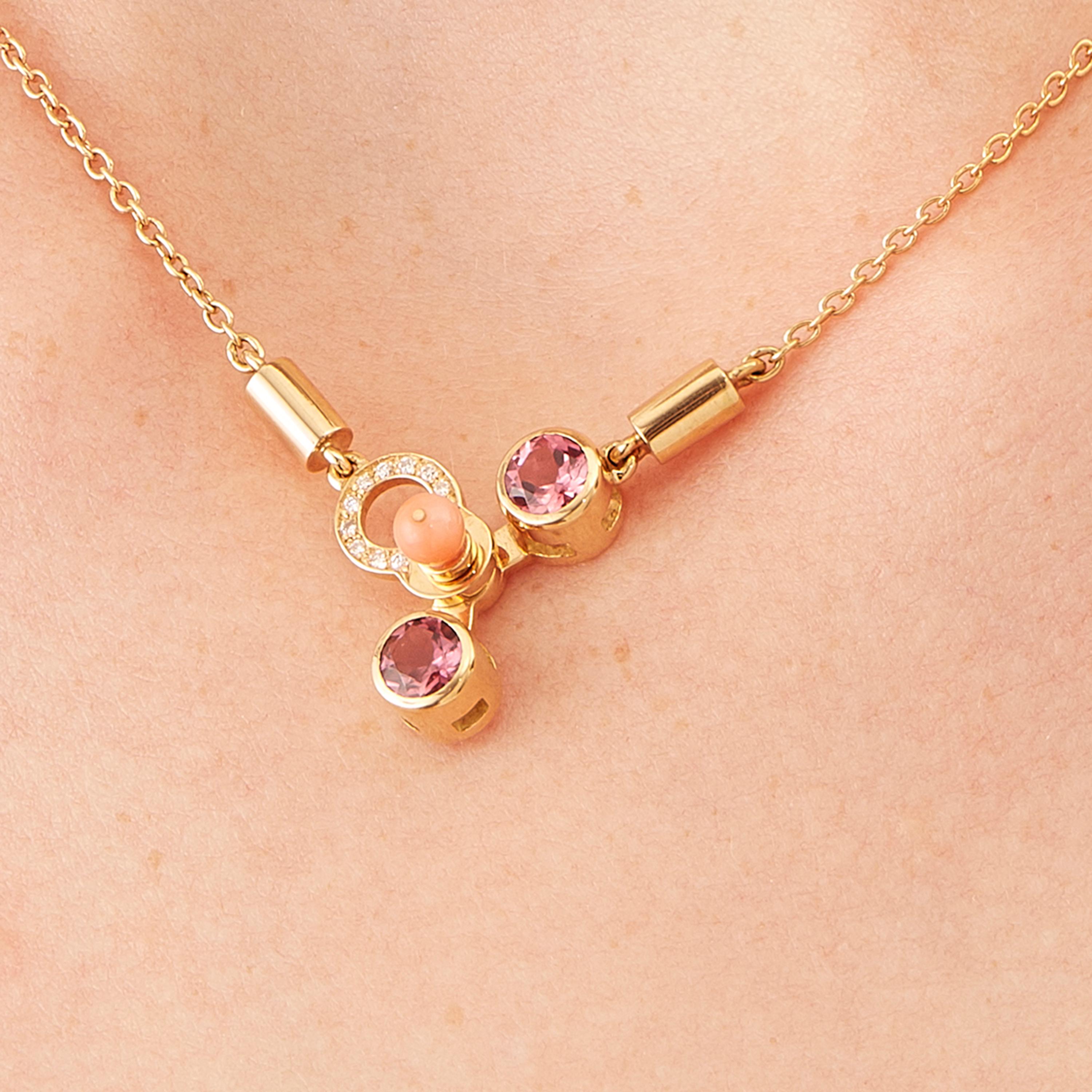 Round Cut Nathalie Jean Colorful Diamond Tourmaline Carnelian Gold Drop Pendant Necklace For Sale
