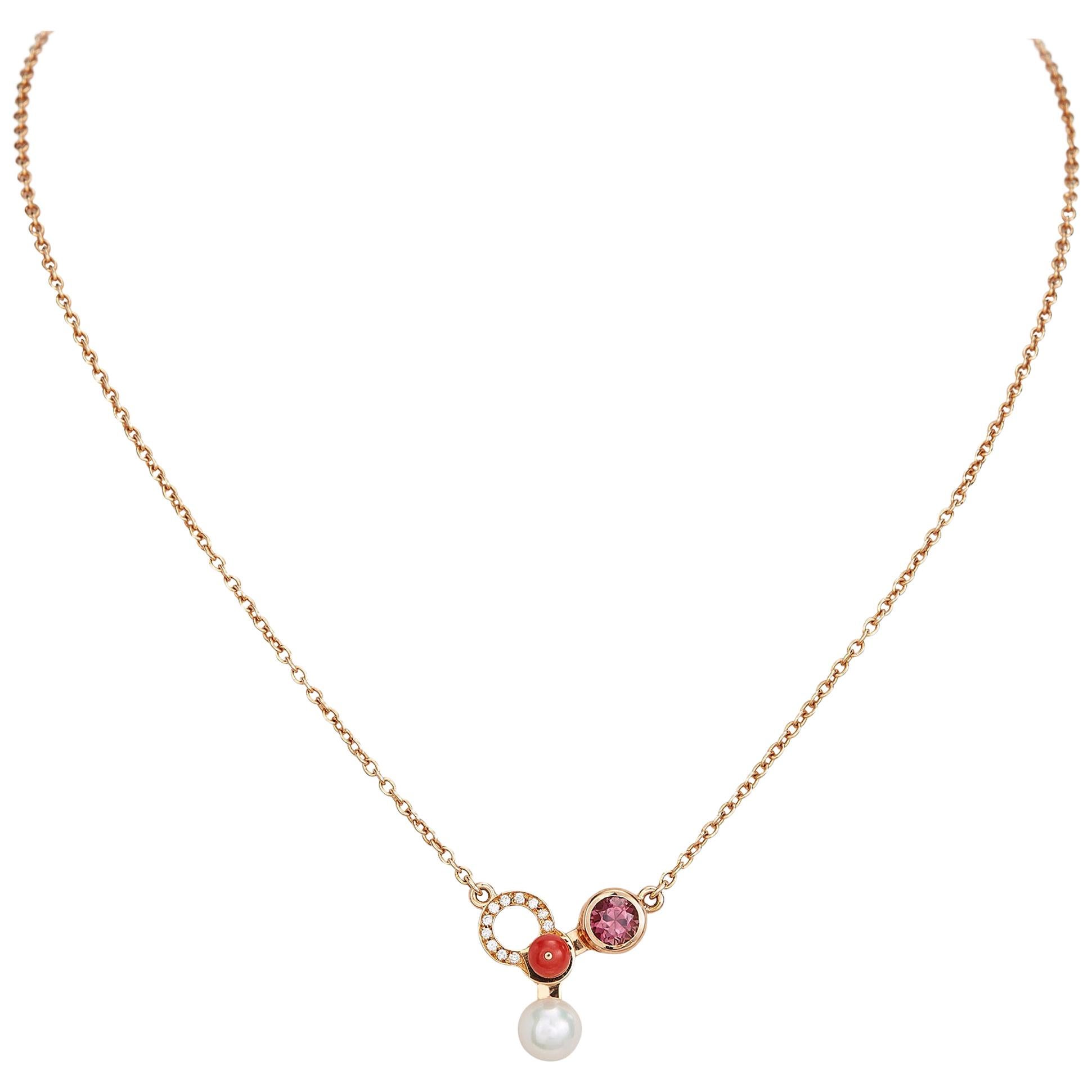 Nathalie Jean Colorful Diamond Tourmaline Pearl Carnelian Gold Pendant Necklace