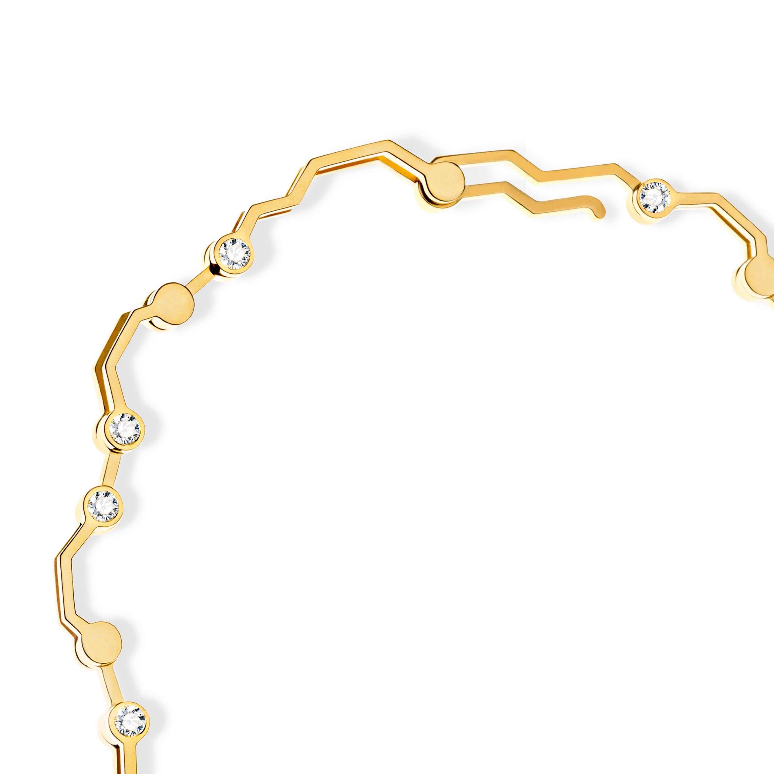 Made by hand in Nathalie Jean studio, Circuit Link Bracelet is in 18-carat yellow gold and diamonds (carat total weight 0,324). Printed circuit boards change scale and become precious. As if by magic, copper is transmuted into gold. Delicate strips