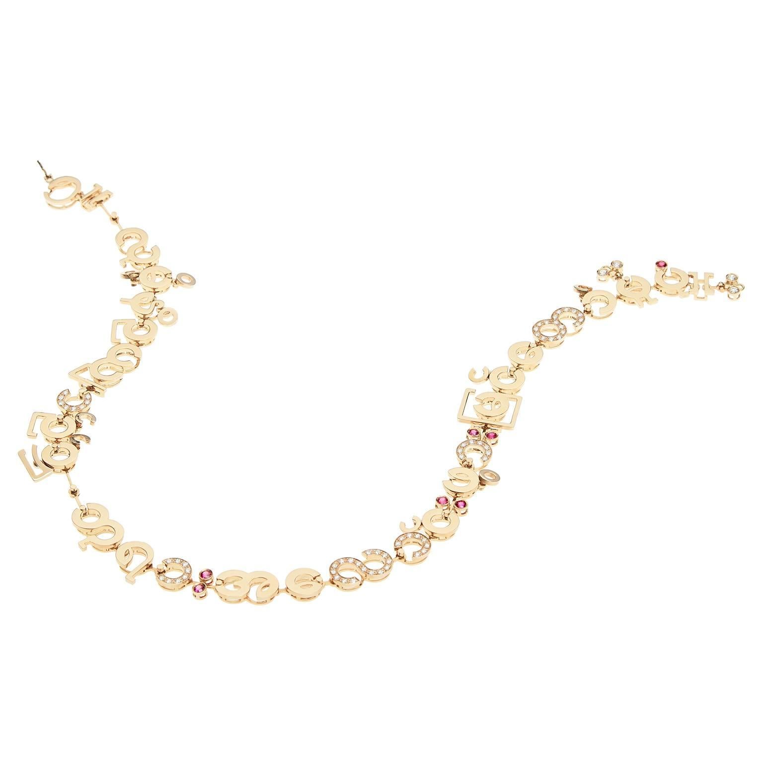 Taille ronde Nathalie Jean, collier contemporain en goutte en or avec chaîne en rubis et diamants de 1,75 carat en vente