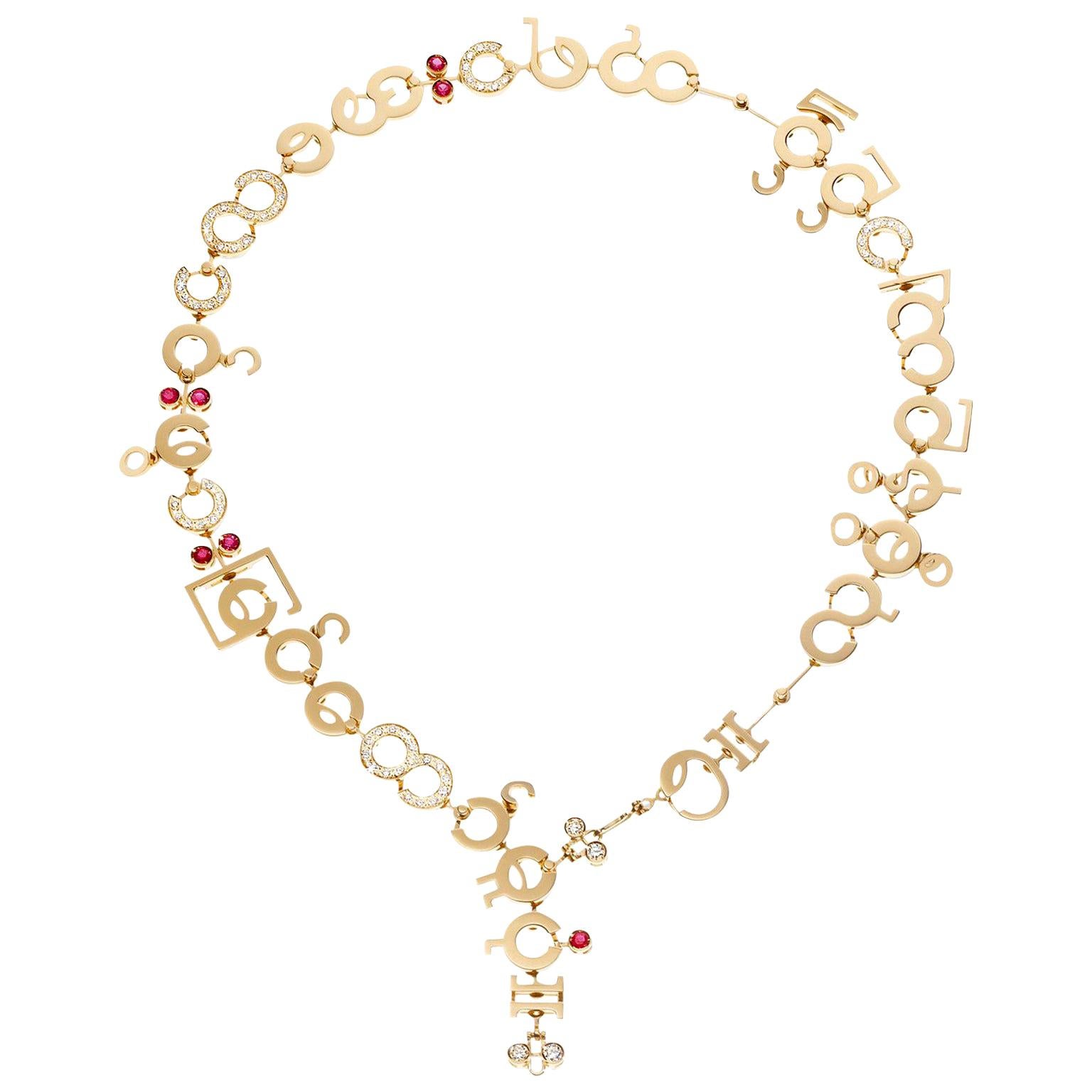 Nathalie Jean, collier contemporain en goutte en or avec chaîne en rubis et diamants de 1,75 carat