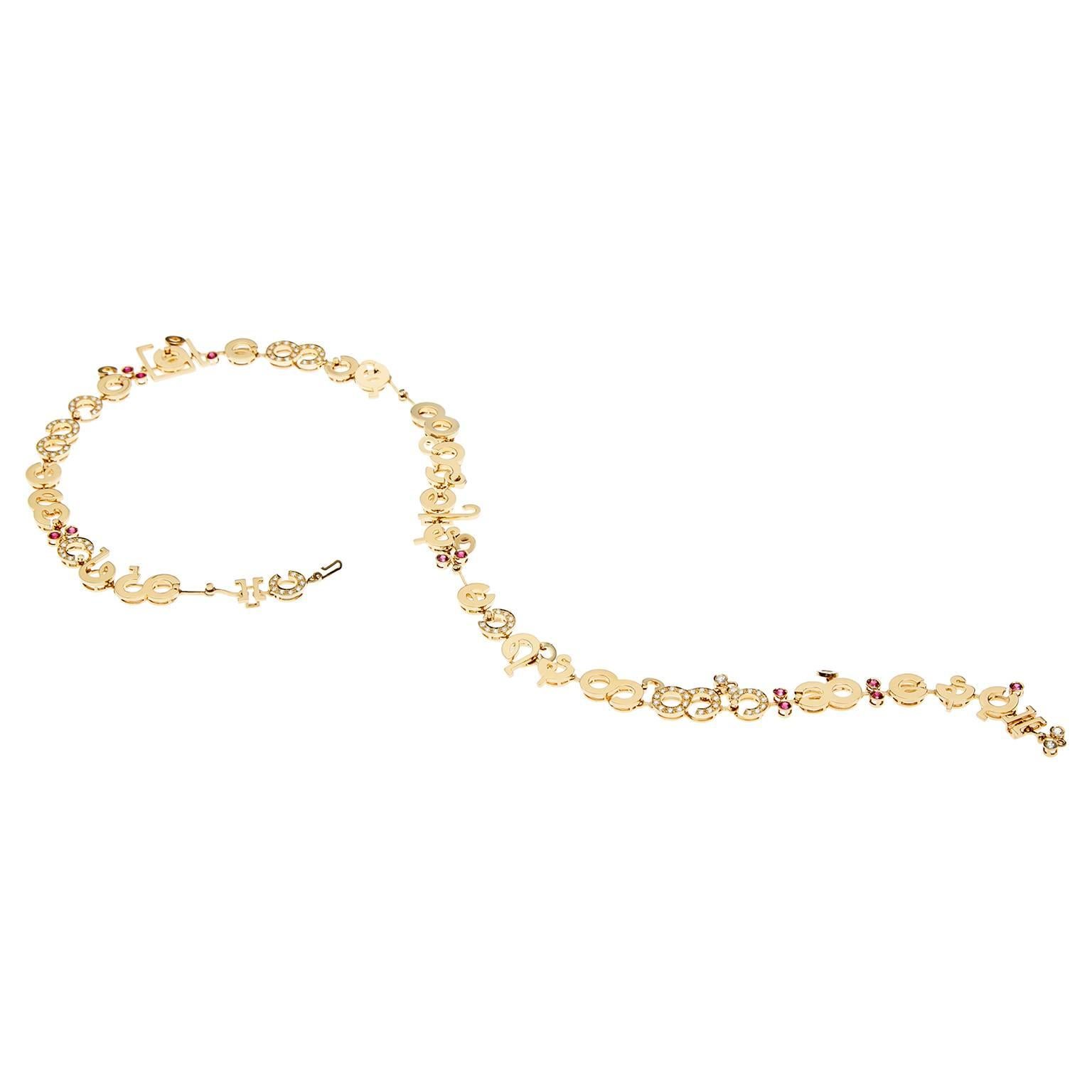 Women's or Men's Nathalie Jean Contemporary 2.32 Carat Diamond 1.2 Carat Ruby Gold Drop Necklace For Sale