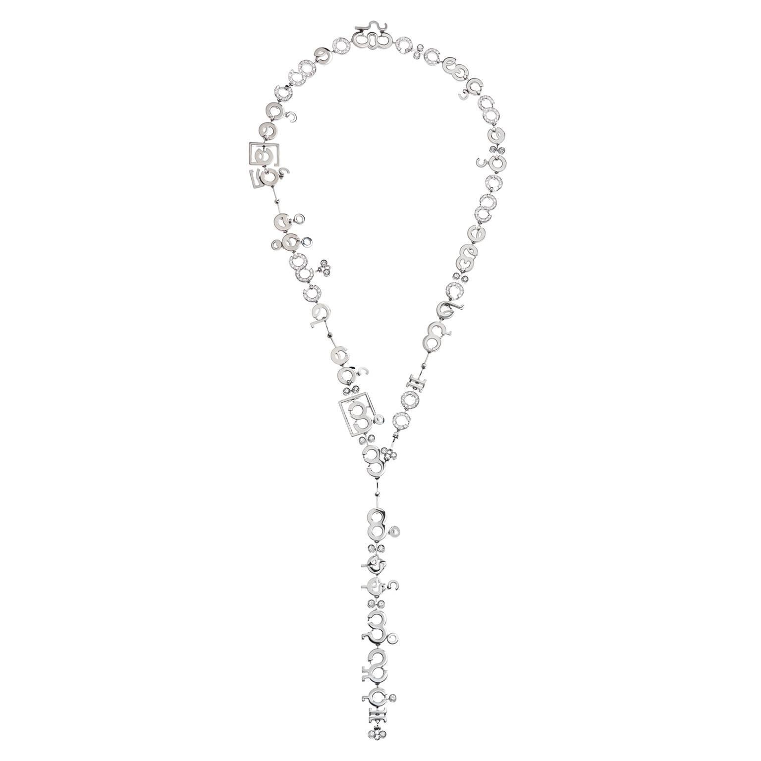 Round Cut Nathalie Jean Contemporary 4.85 Carat Diamond 18k White Gold Chain Drop Necklace For Sale