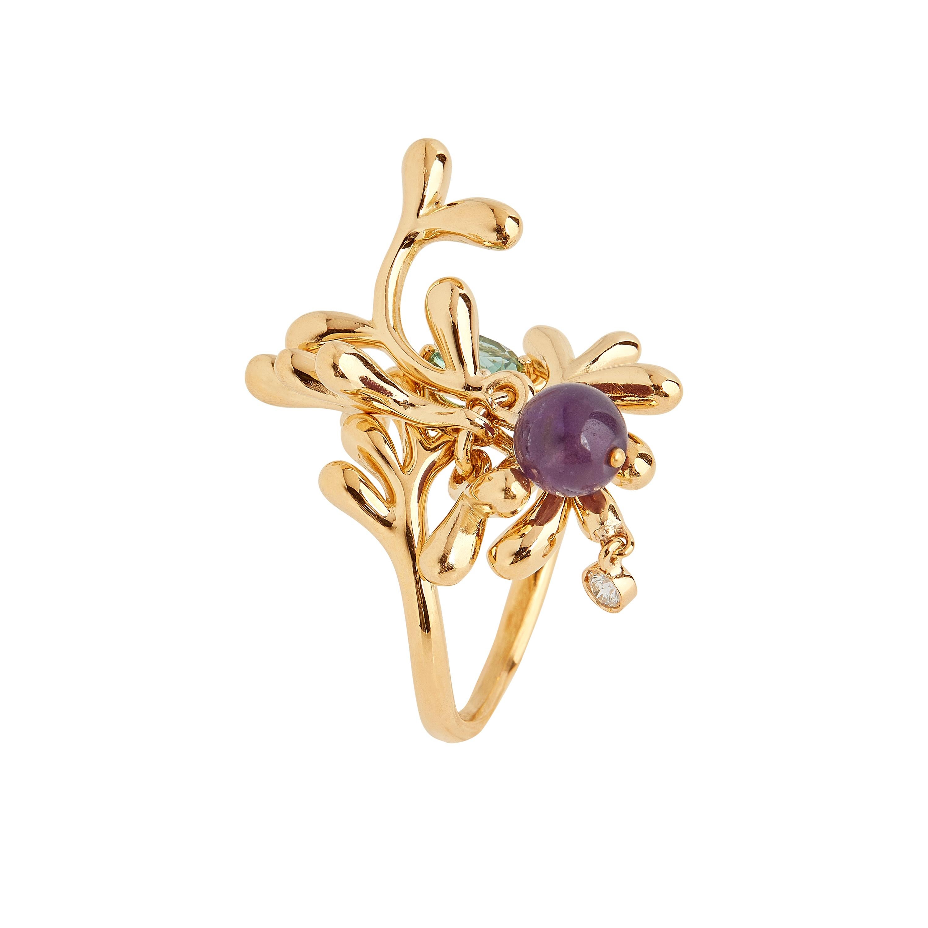 Contemporary Nathalie Jean Natural Style Diamond Tourmaline Amethyst Gold Cluster Ring For Sale