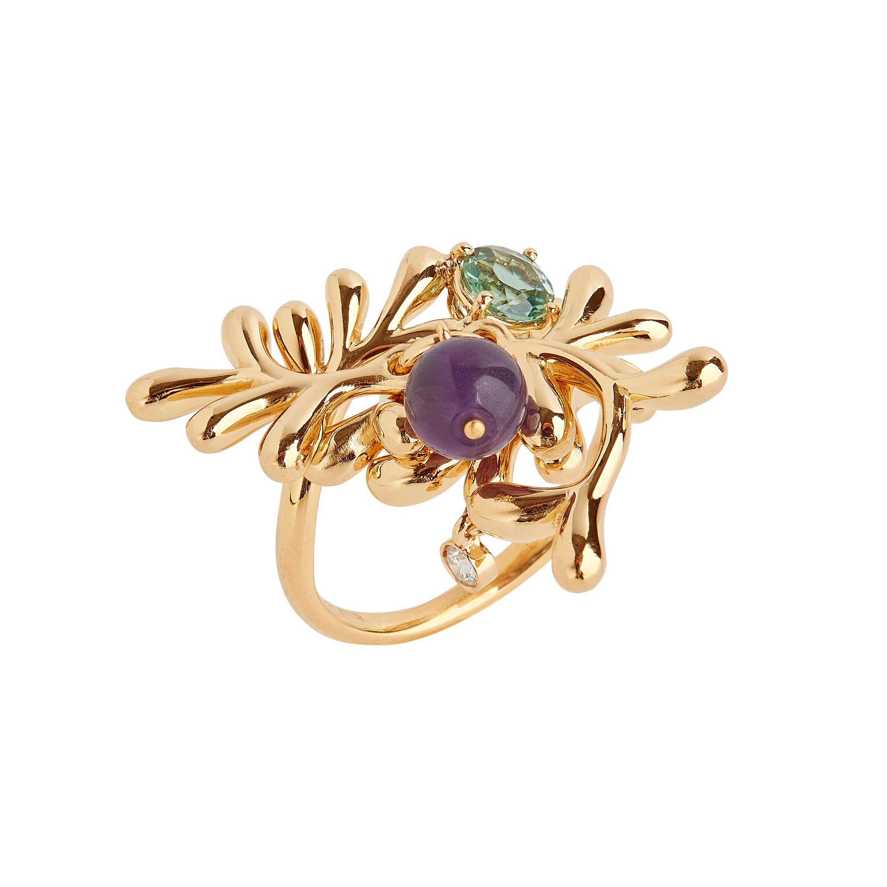 Round Cut Nathalie Jean Natural Style Diamond Tourmaline Amethyst Gold Cluster Ring For Sale