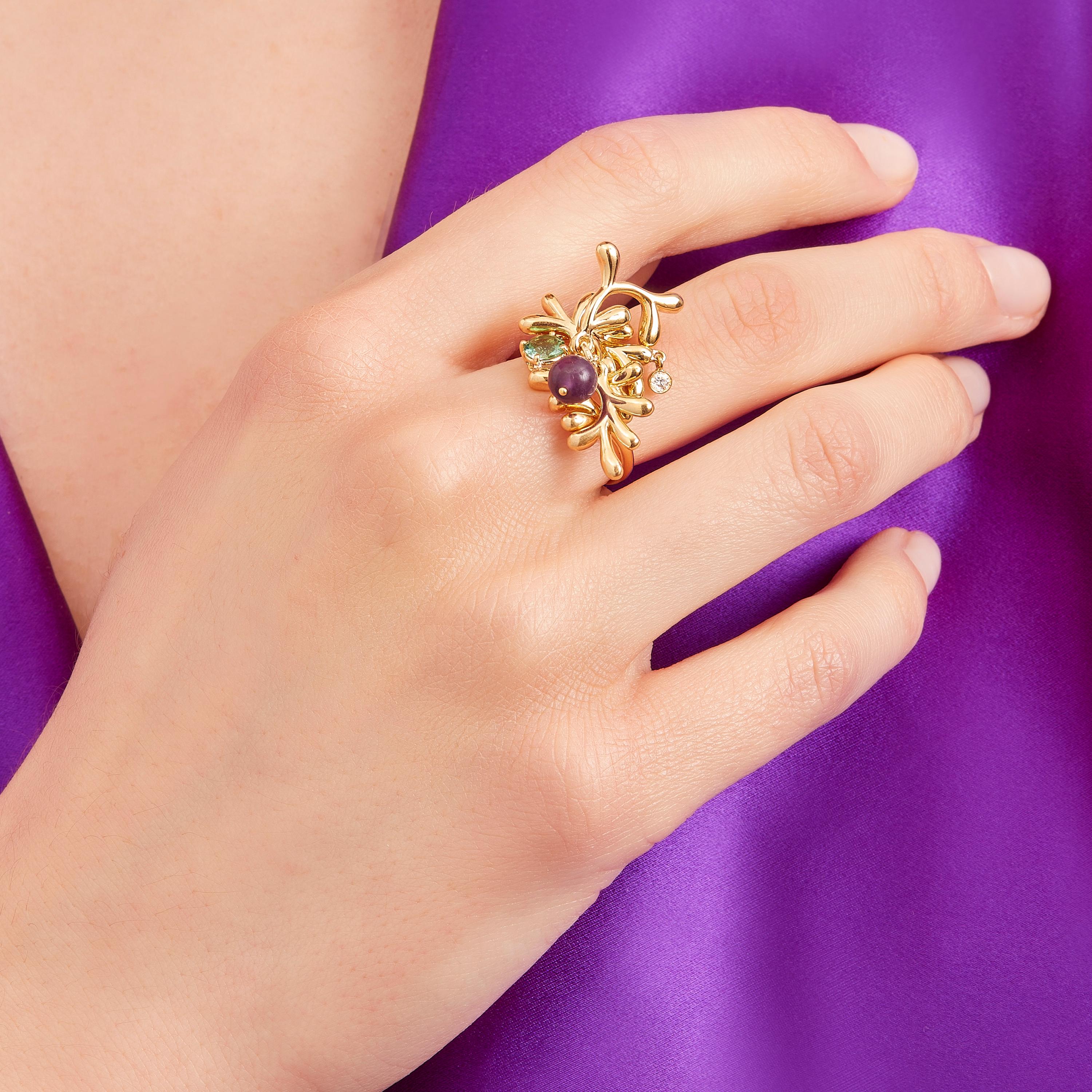Nathalie Jean Natural Style Diamond Tourmaline Amethyst Gold Cluster Ring In New Condition For Sale In Milan, Lombardia
