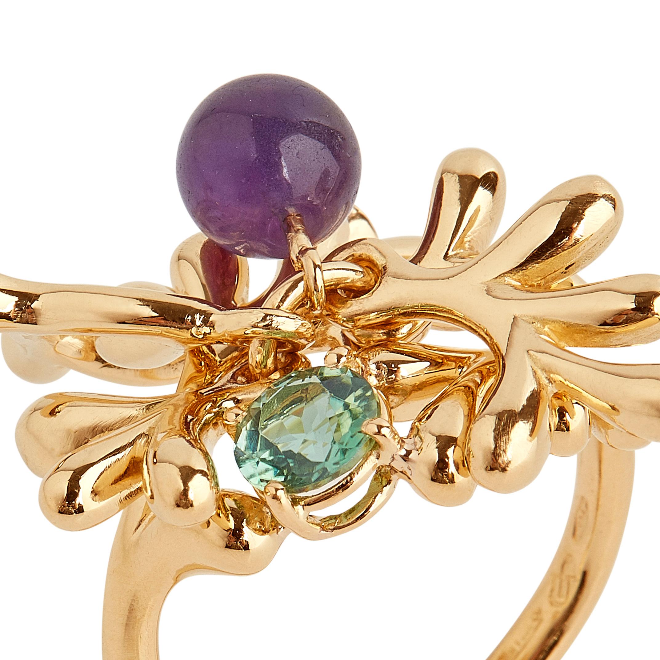 Nathalie Jean Natural Style Diamond Tourmaline Amethyst Gold Cluster Ring For Sale 1