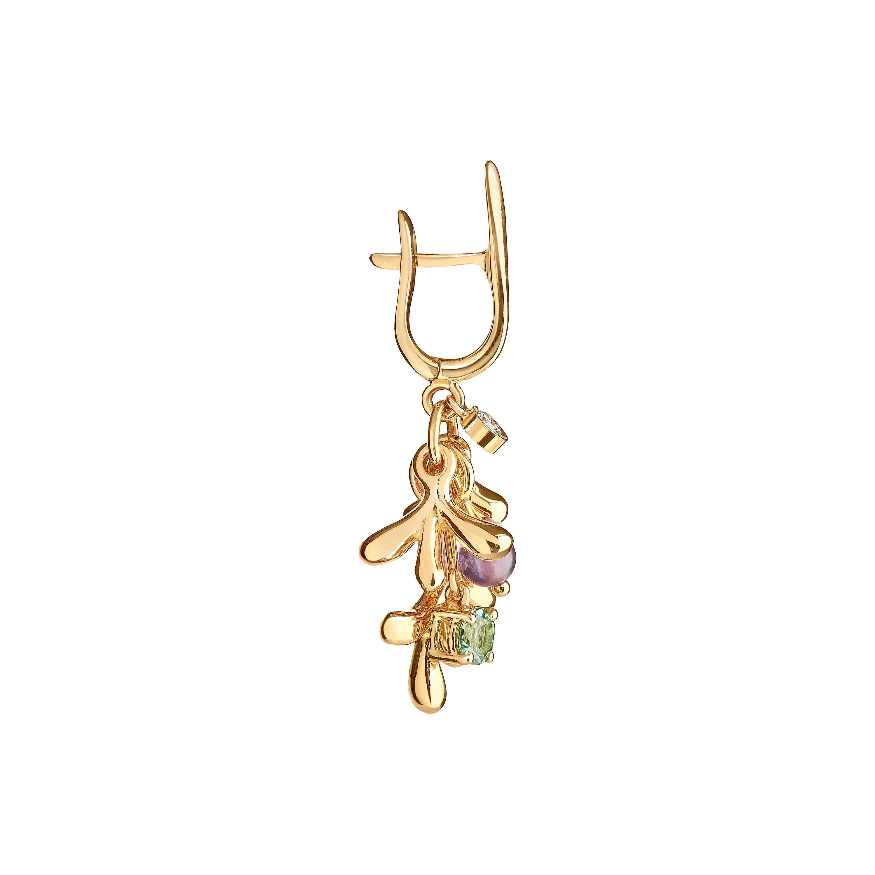 Contemporary Nathalie Jean Natural Style Diamond Tourmaline Amethyst Gold Pendant Earrings For Sale