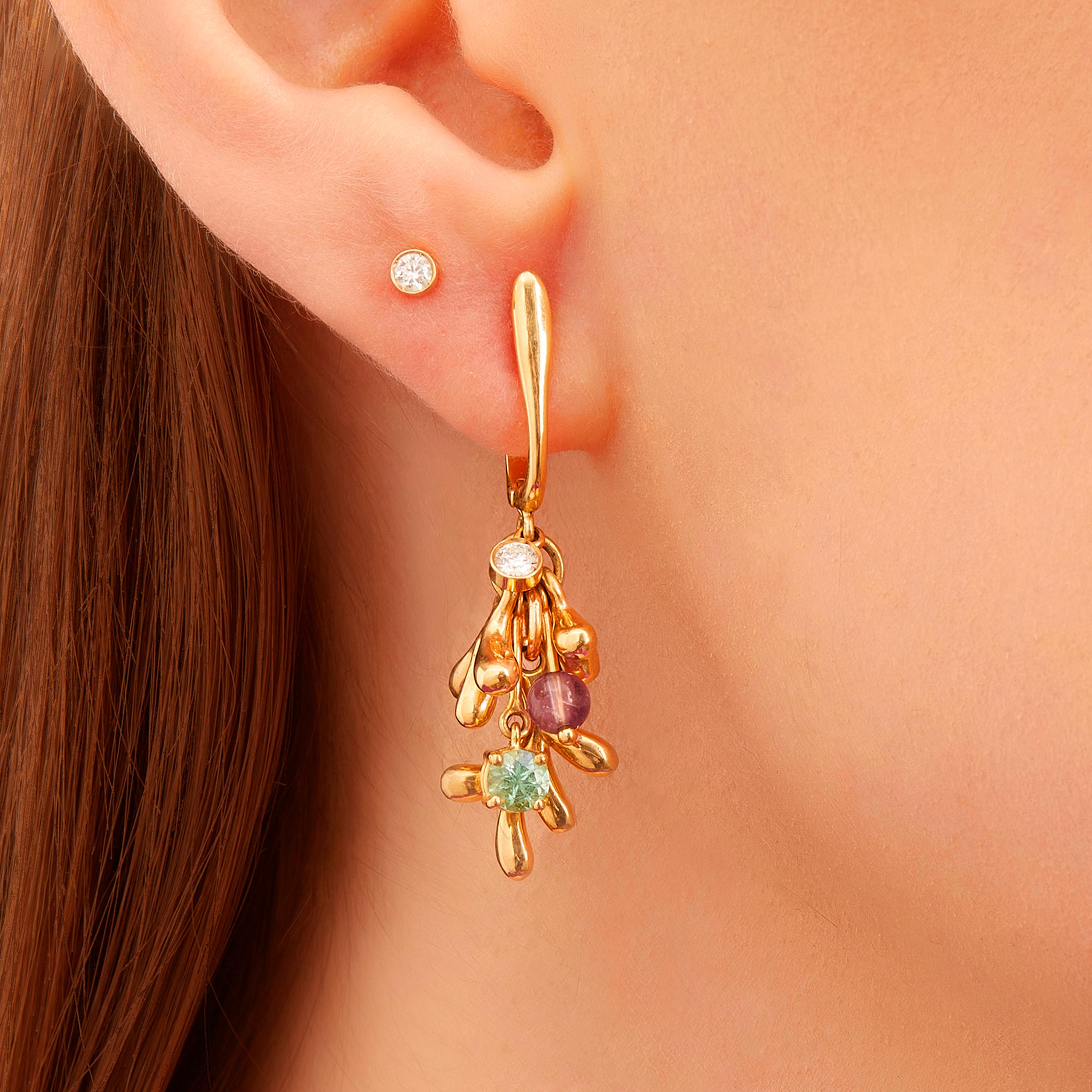 Round Cut Nathalie Jean Natural Style Diamond Tourmaline Amethyst Gold Pendant Earrings For Sale