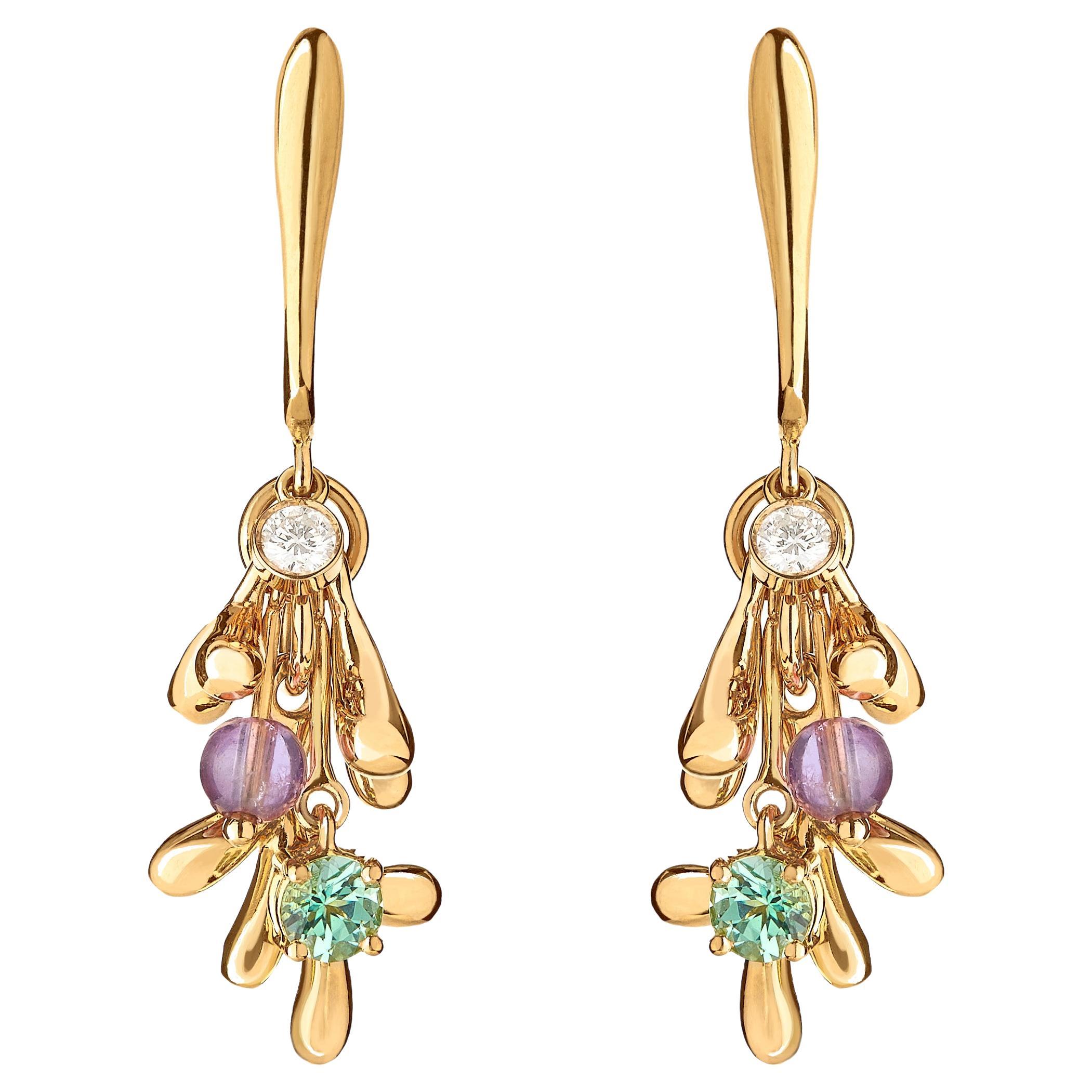 Nathalie Jean Natural Style Diamond Tourmaline Amethyst Gold Pendant Earrings For Sale