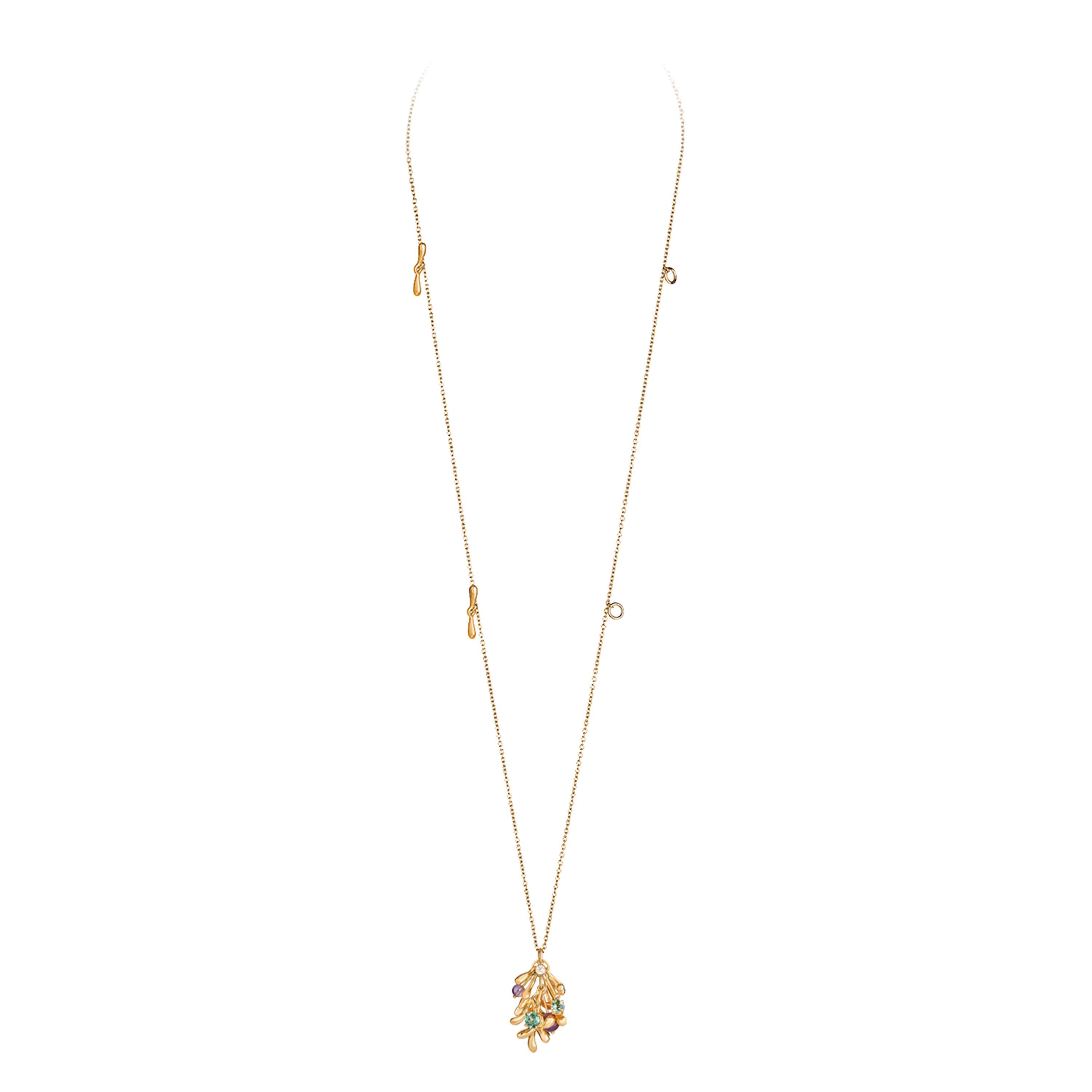 Springing forth from a lush magical wilderness is the JungleRemix Pendant Necklace with its clusters of gold leaves with well-rounded tips jingling and jangling to mimic the swaying movements of exotic flora in the heart of the rainforest. Cast as