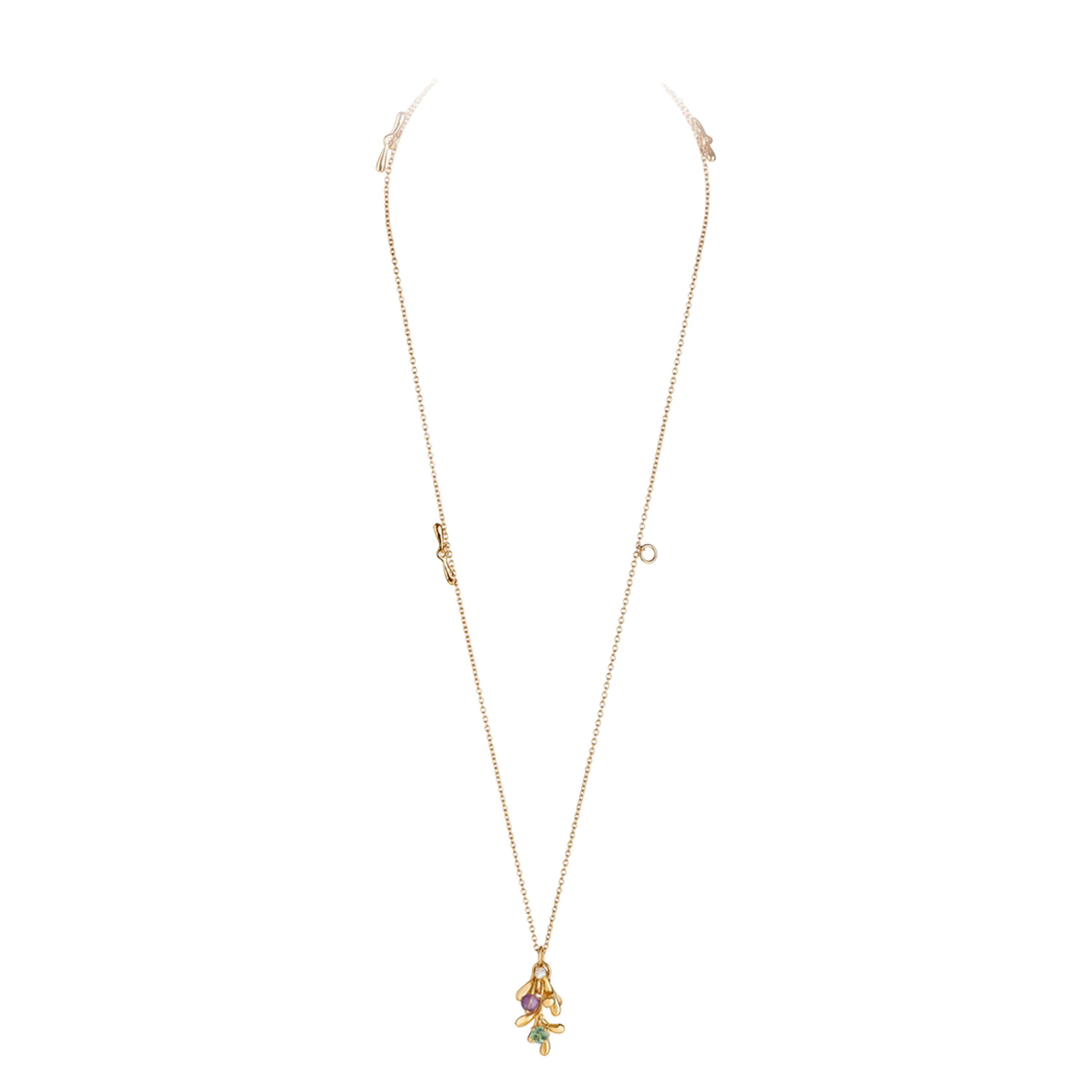Round Cut Nathalie Jean Natural Style Diamond Tourmaline Amethyst Gold Pendant Necklace For Sale