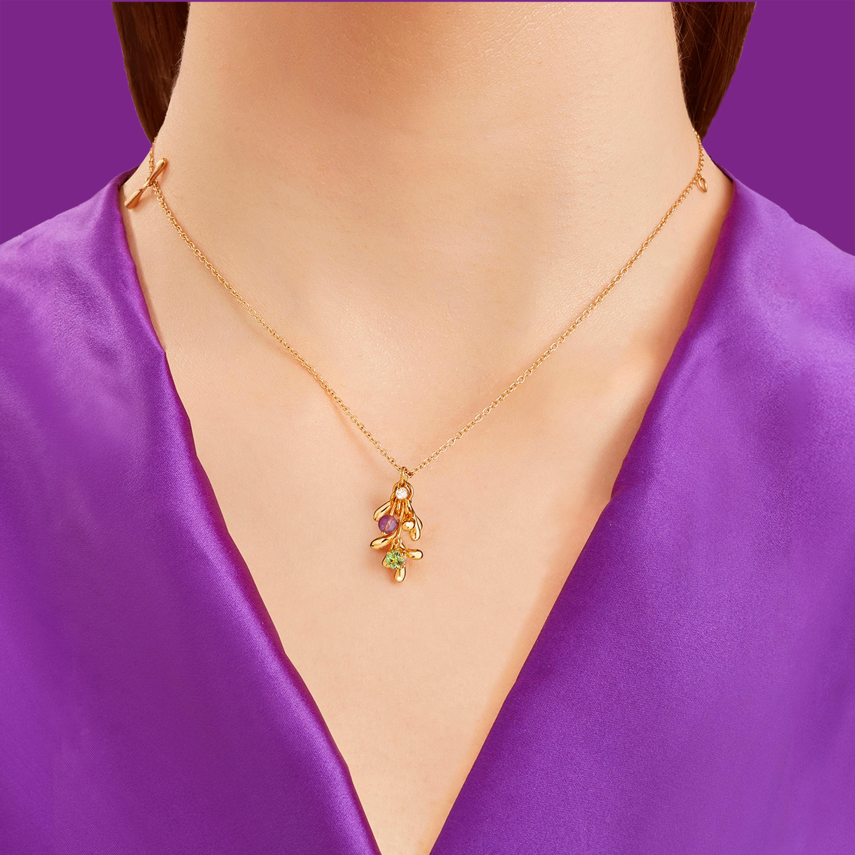 Nathalie Jean Natural Style Diamond Tourmaline Amethyst Gold Pendant Necklace In New Condition For Sale In Milan, Lombardia