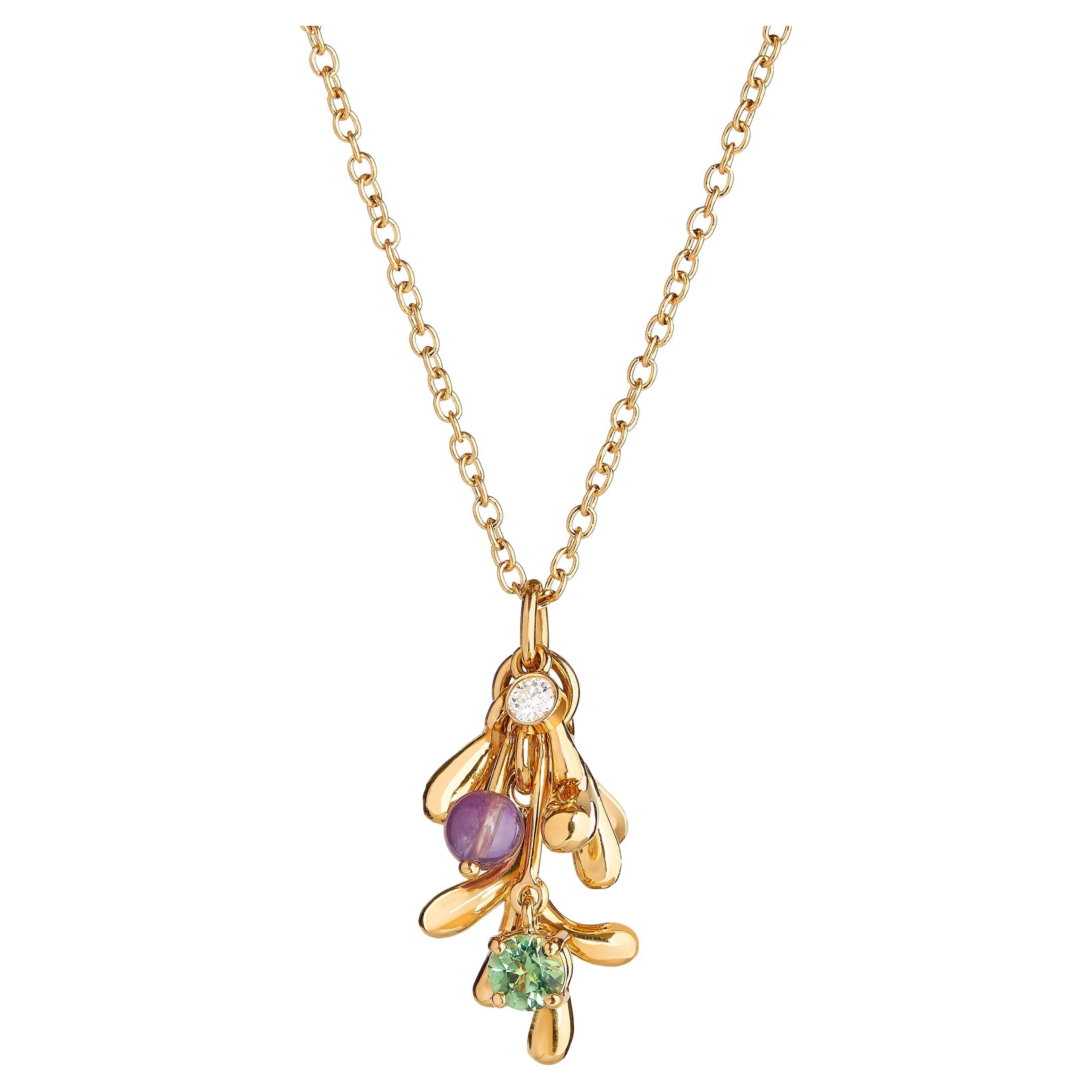 Nathalie Jean Contemporary Diamond Tourmaline Amethyst Gold Pendant Necklace For Sale