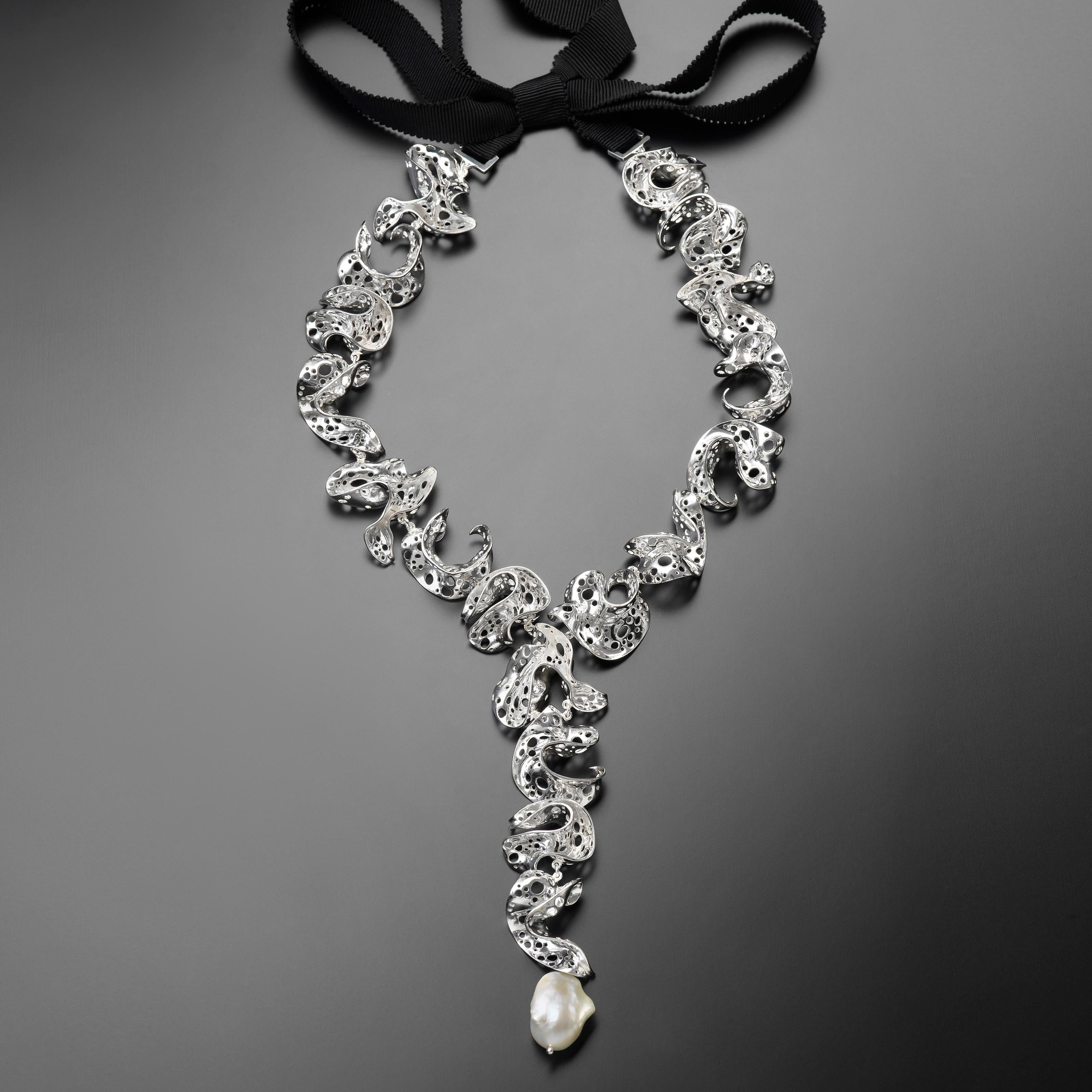 Uncut Nathalie Jean Contemporary Freshwater Pearl Sterling Silver Silk Drop Necklace For Sale