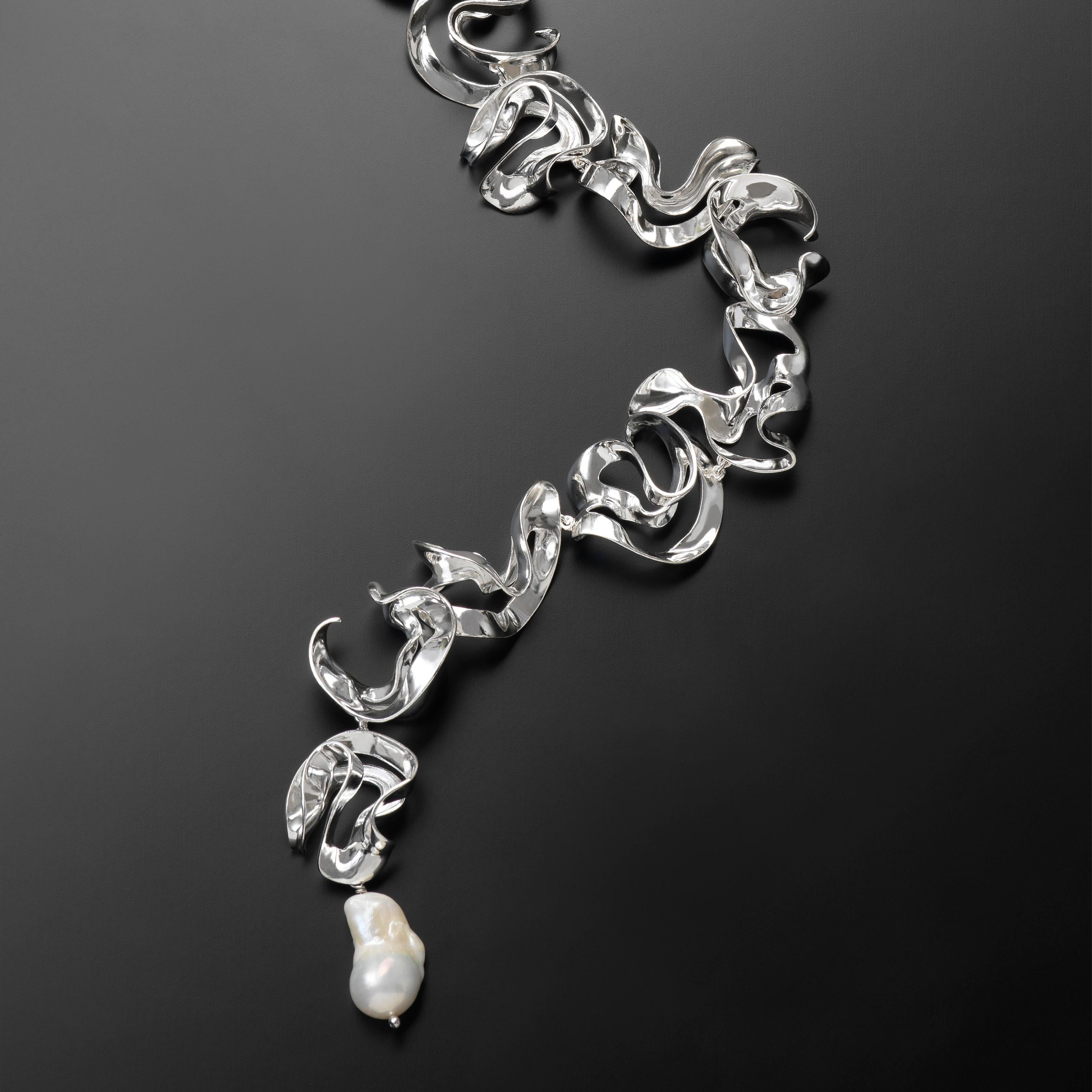 Women's or Men's Nathalie Jean Contemporary Freshwater Pearl Sterling Silver Silk Drop Necklace For Sale
