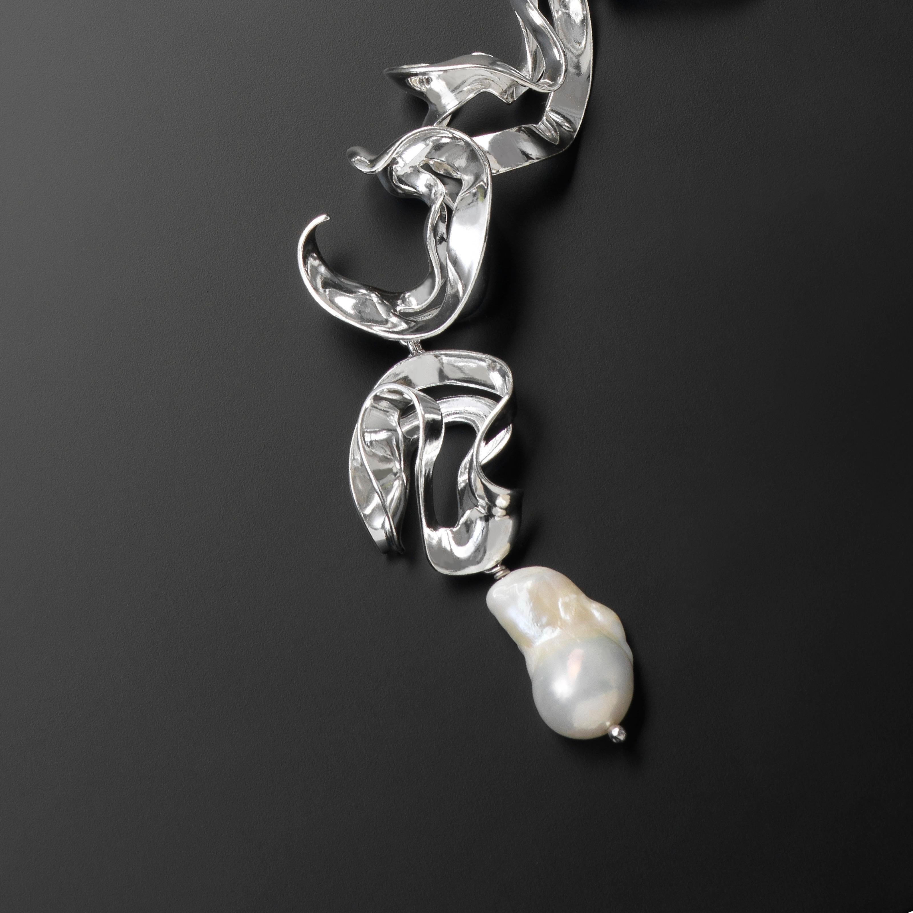 Nathalie Jean Contemporary Freshwater Pearl Sterling Silver Silk Drop Necklace For Sale 1