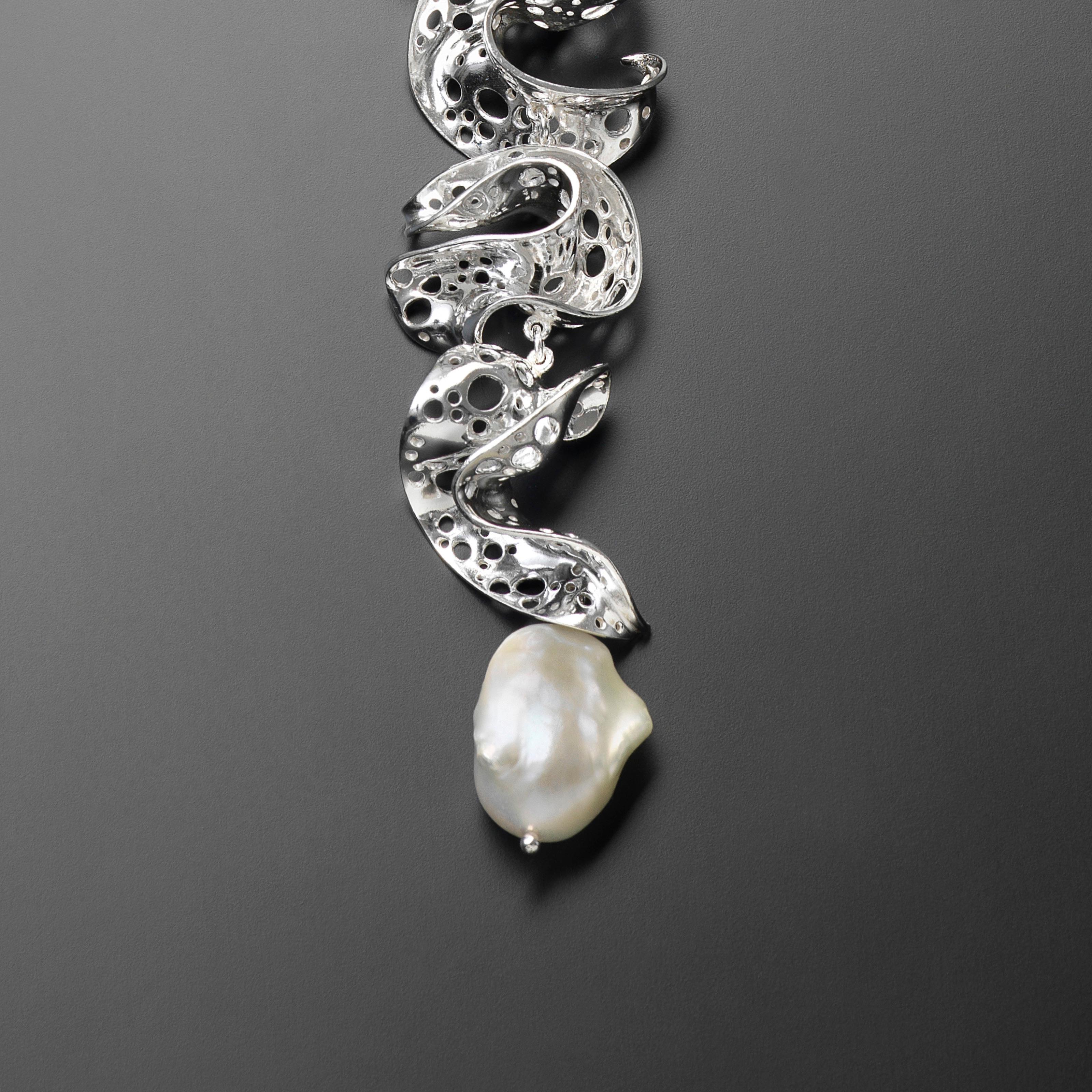 Nathalie Jean Contemporary Freshwater Pearl Sterling Silver Silk Drop Necklace For Sale 1