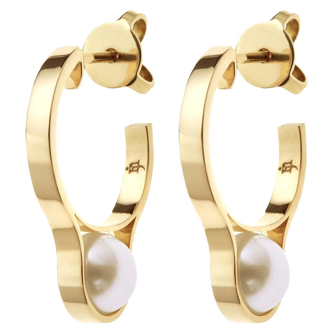 Nathalie Jean Contemporary Pearl 18 Karat Yellow Gold Hoop Earrings