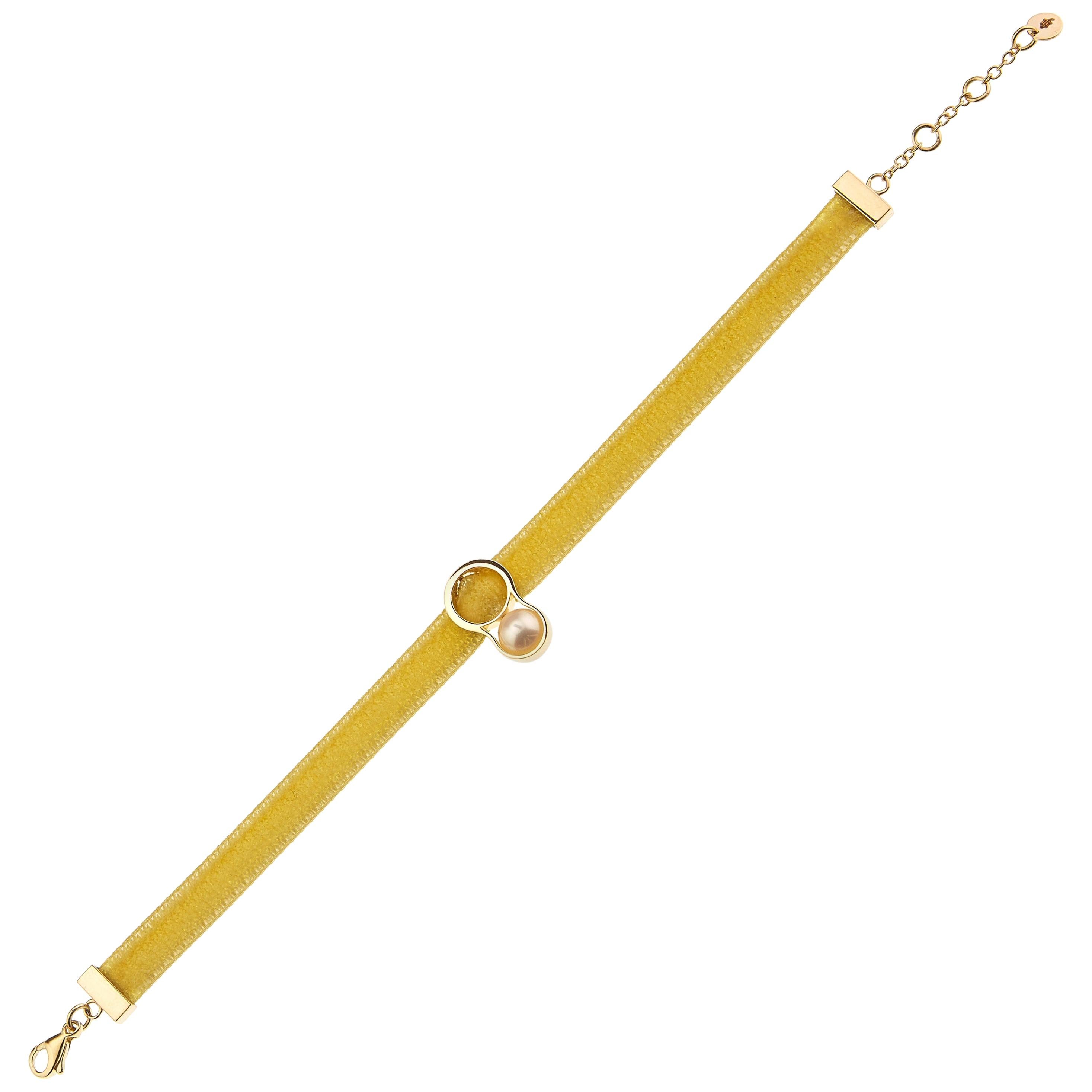 Nathalie Jean Japanese Cultured Pearl 18 Karat Yellow Gold Velvet Cuff Bracelet For Sale