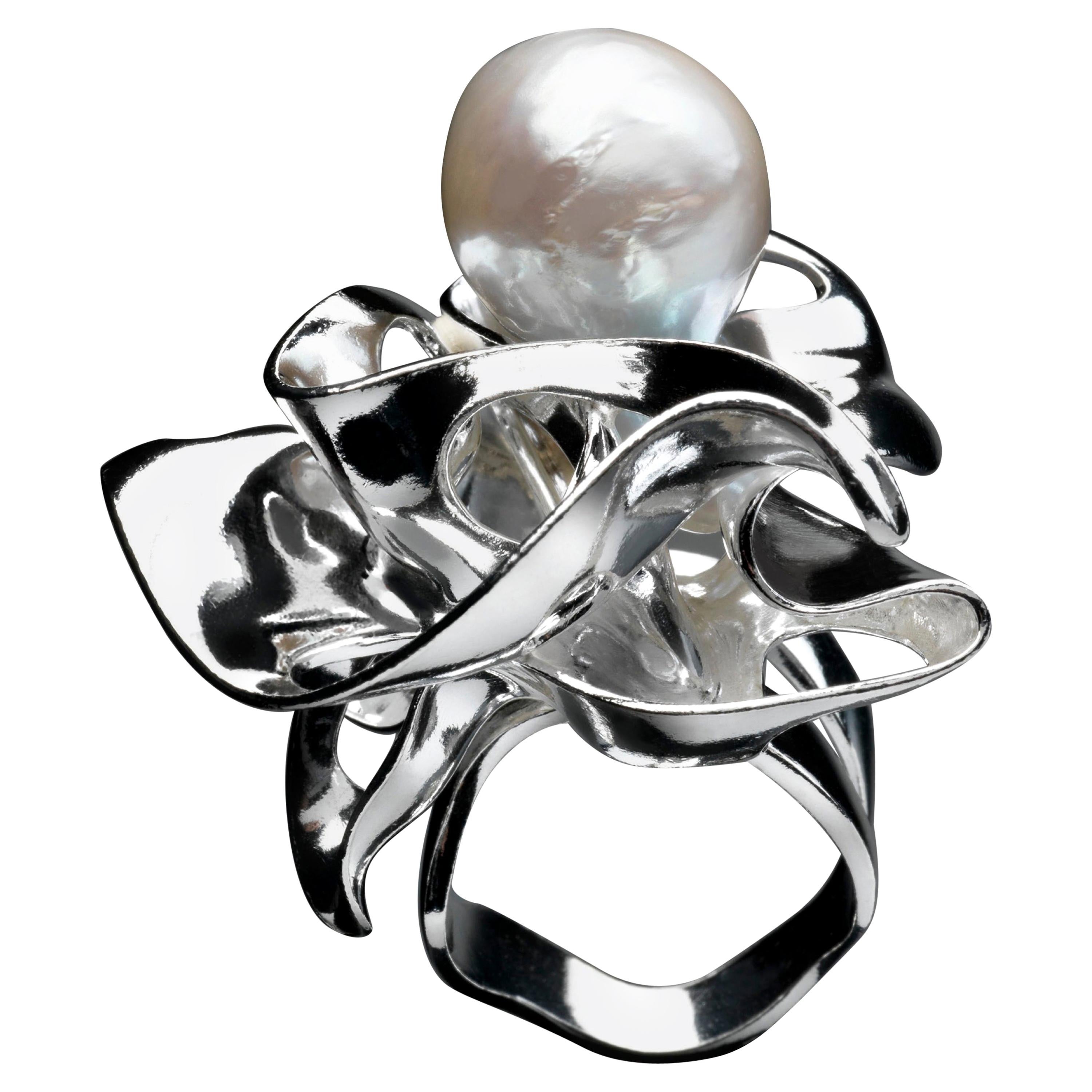Nathalie Jean Contemporary Pearl Sterling Silver Sculpture Cocktail Ring