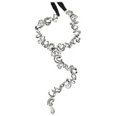 Nathalie Jean Contemporary Pearl Sterling Silver Silk Drop Link Pendant Necklace