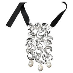 Nathalie Jean Contemporary Pearl Sterling Silver Silk Drop Link Pendant Necklace