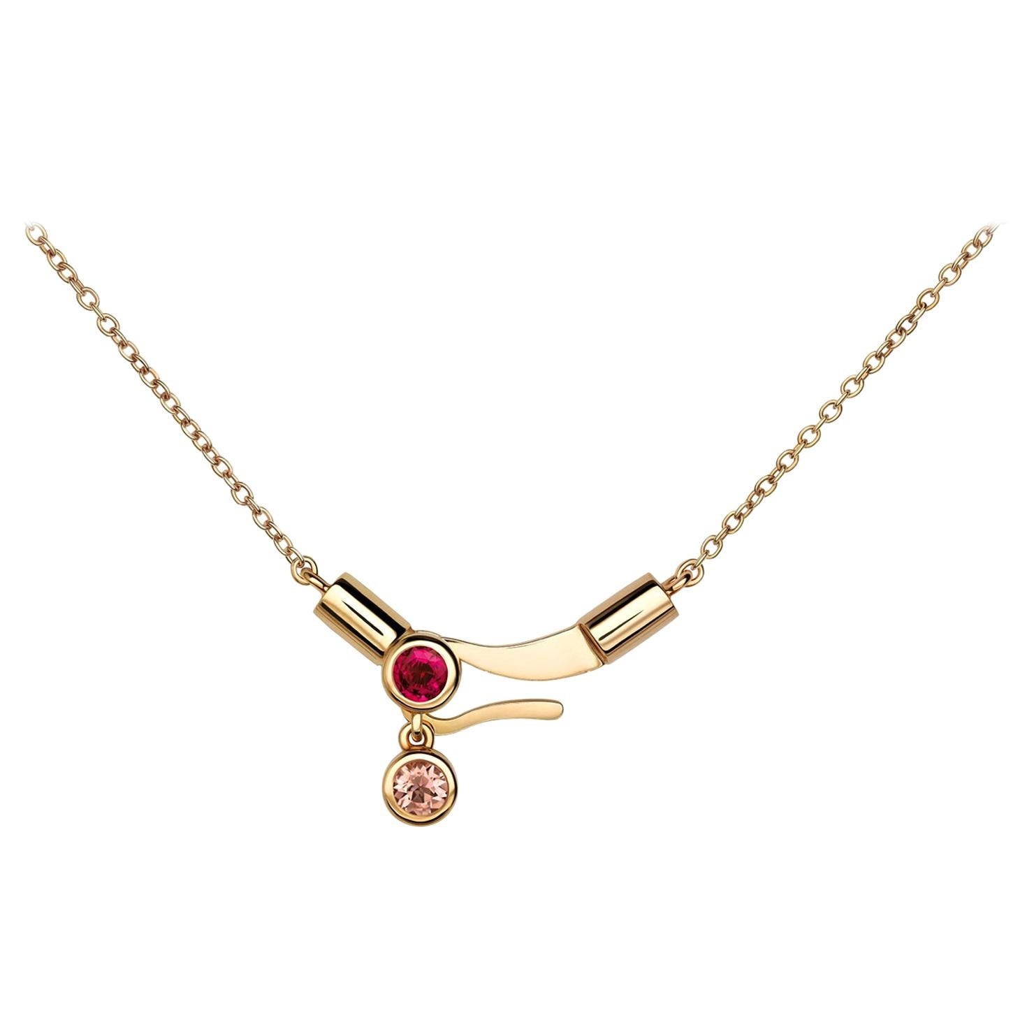 Nathalie Jean Contemporary Ruby Tourmaline Gold Pendant Drop Dangle Necklace For Sale