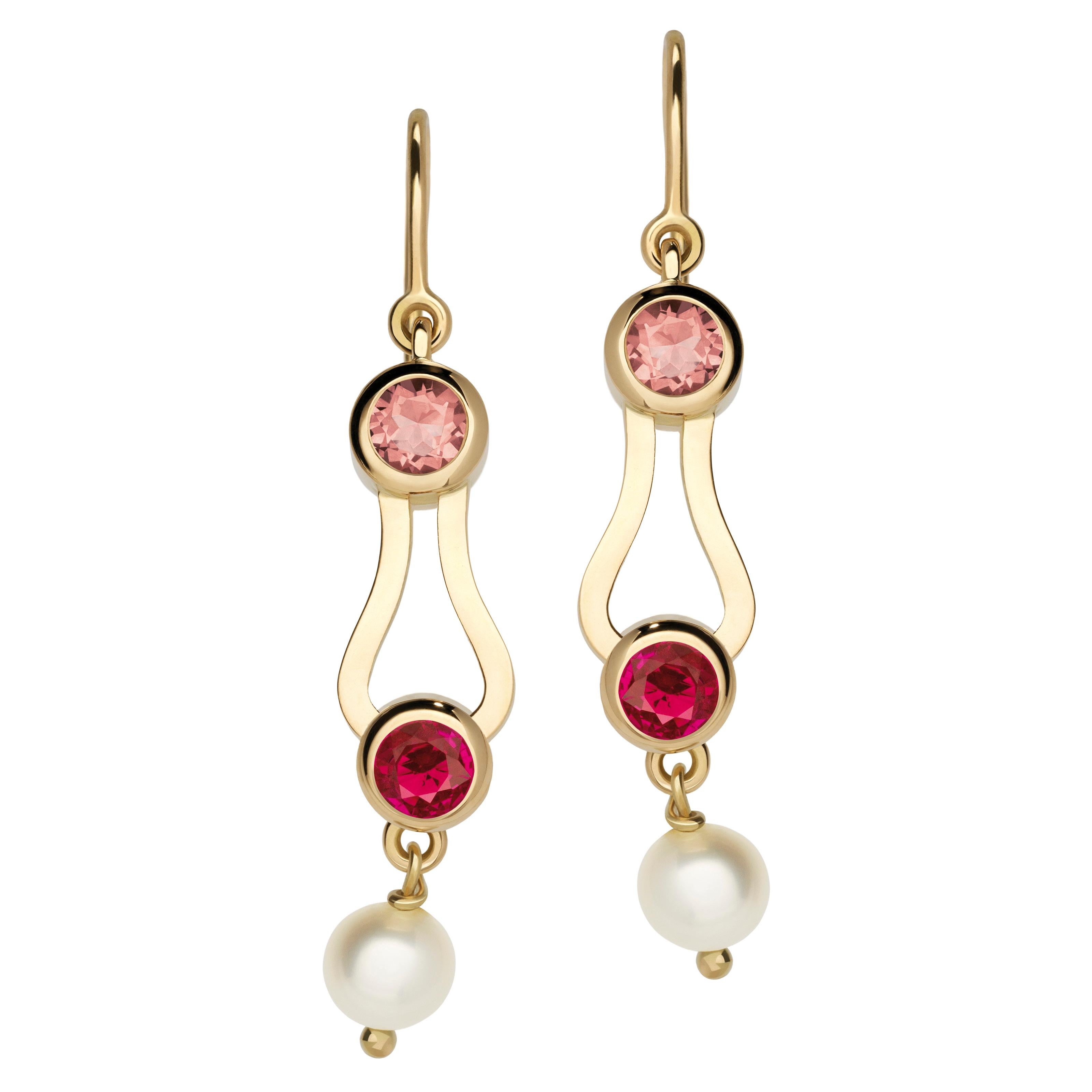 Round Cut Nathalie Jean Contemporary Ruby Tourmaline Pearl Gold Drop Dangle Earrings