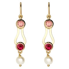 Nathalie Jean Contemporary Ruby Tourmaline Pearl Gold Drop Dangle Earrings
