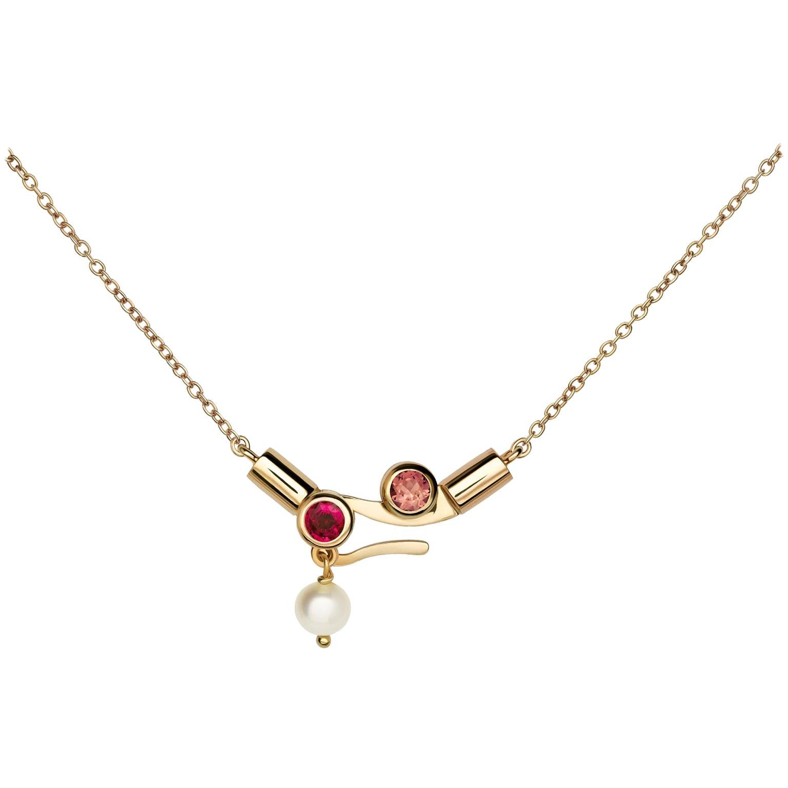 Nathalie Jean Contemporary Ruby Tourmaline Pearl Gold Pendant Drop Necklace For Sale