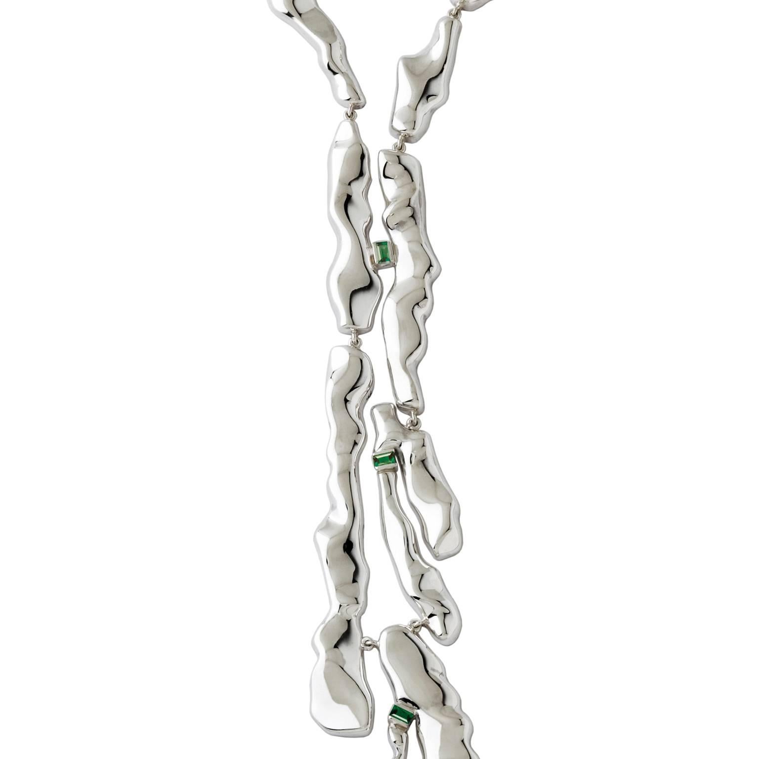 Baguette Cut Nathalie Jean Contemporary Tourmaline Sterling Silver Drop Link Necklace For Sale