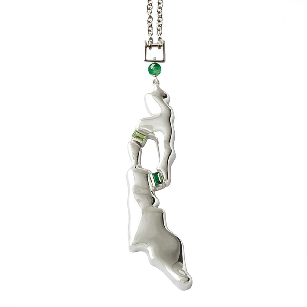 Made by hand in Nathalie Jean's Milan atelier in limited edition, the Mercure drop pendant necklace is composed of 2 elements in rhodium plated sterling silver linked by green baguette cut tourmalines set in clever little open bezel. Small,