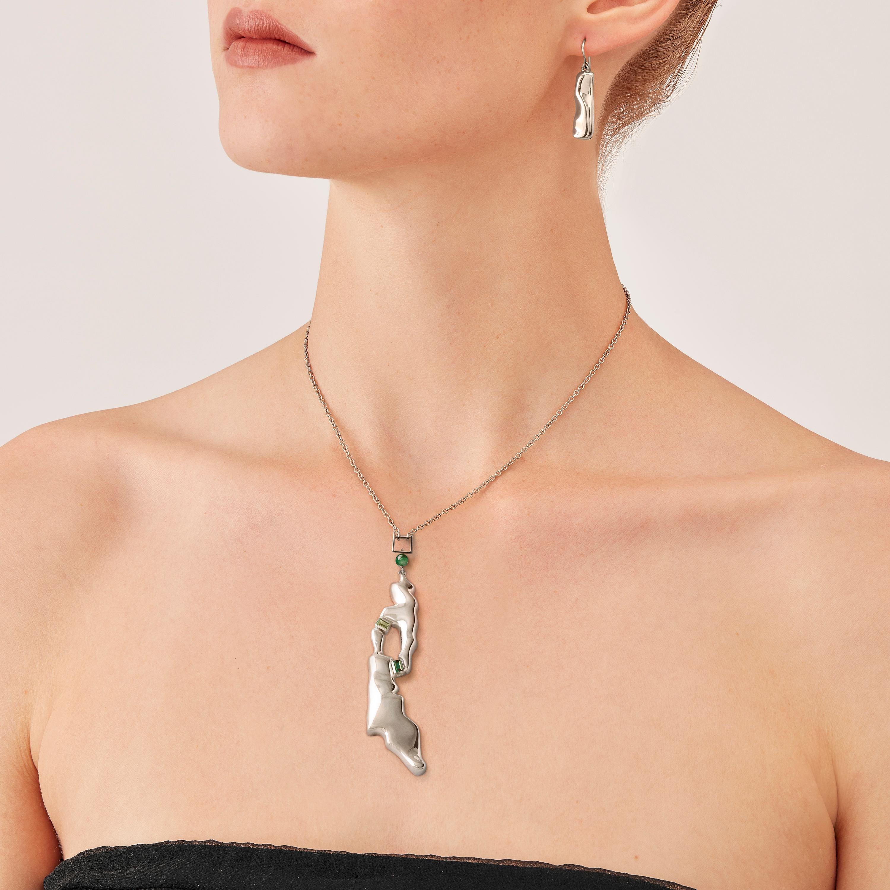 Baguette Cut Nathalie Jean Contemporary Tourmaline Sterling Silver Drop Pendant Necklace For Sale